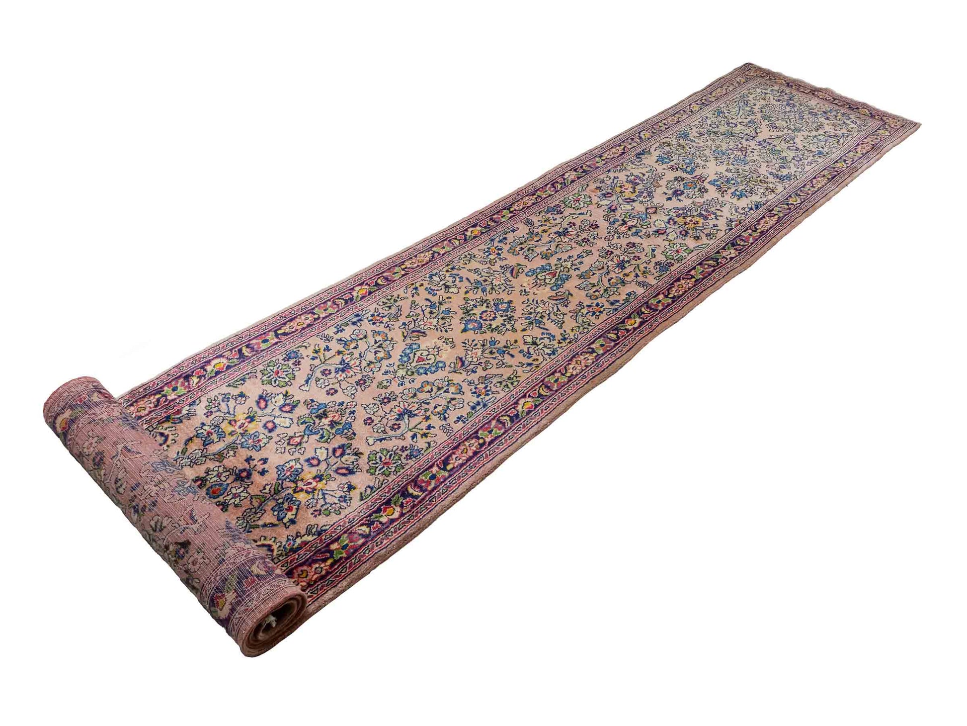 Feiner, handgeknüpfter Sarough Perserteppich Läufer aus Wolle von Khademi. Größe: 423 x 75 cm. Farbe: Rosarot, blau. Verkauf durch JUPITER Intl.
