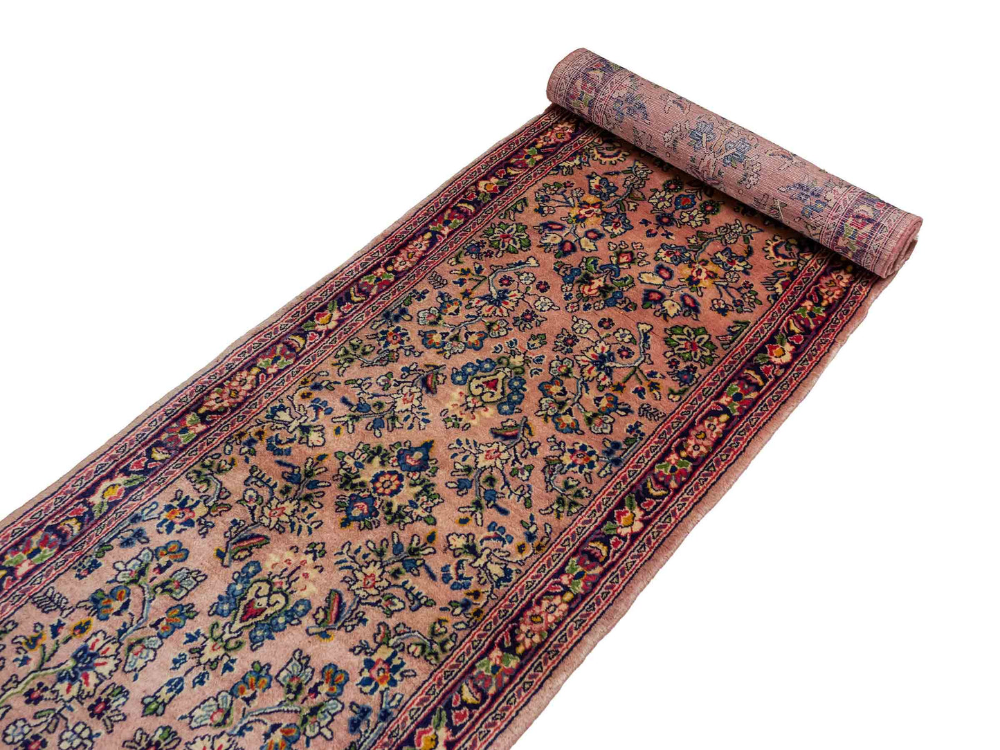 Feiner, handgeknüpfter Sarough Perserteppich Läufer aus Wolle von Khademi. Größe: 423 x 75 cm. Farbe: Rosarot, blau. Verkauf durch JUPITER Intl.