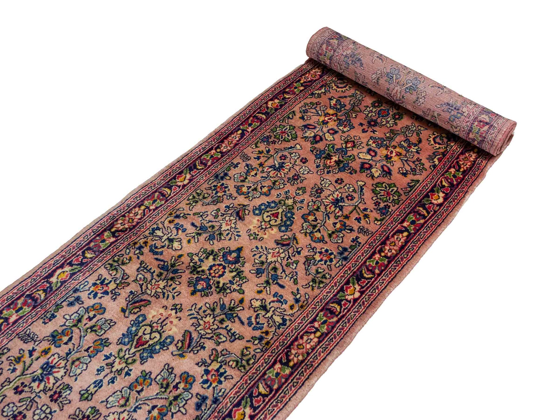 Feiner, handgeknüpfter Sarough Perserteppich Läufer aus Wolle von Khademi. Größe: 423 x 75 cm. Farbe: Rosarot, blau. Verkauf durch JUPITER Intl.