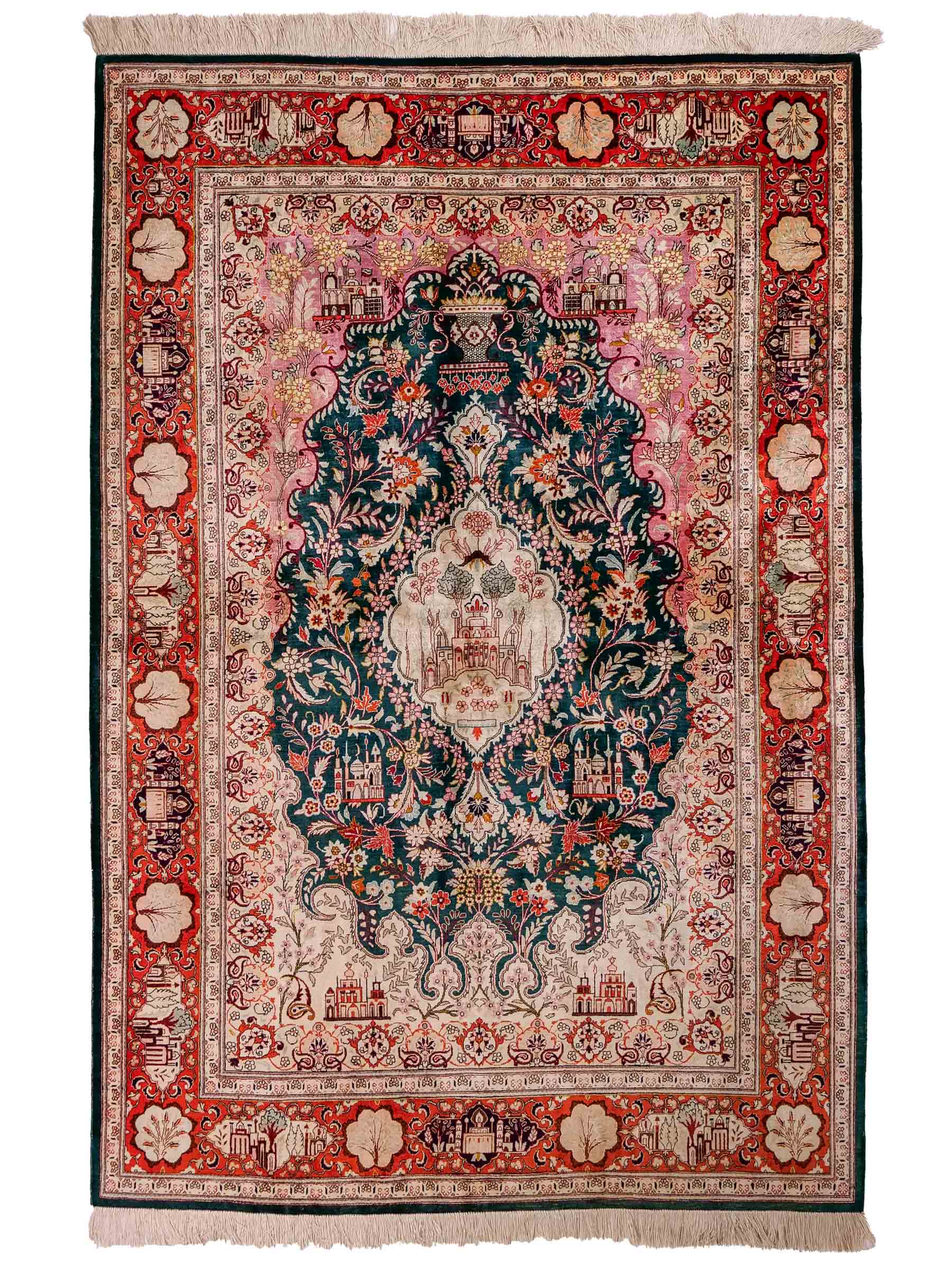 Sehr feiner, handgeknüpfter Ghom Seidenteppich aus reiner Seide mit Medaillon von Khademi. Größe: 198 x 133 cm. Farbe: Grün, orange. RB3-1605. Ursprung: Iran / Persien. Verkauf durch JUPITER Intl.