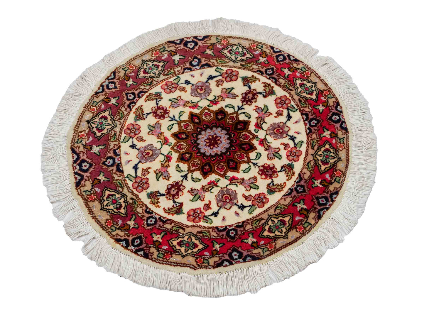 Sehr feiner, handgeknüpfter Täbriz Perserteppich aus Wolle mit Seide von Khademi. Farbe: Cremeweiß, rosa. Größe: 50 x 50 cm. Form: Rund. Vertrieb durch JUPITER Intl.