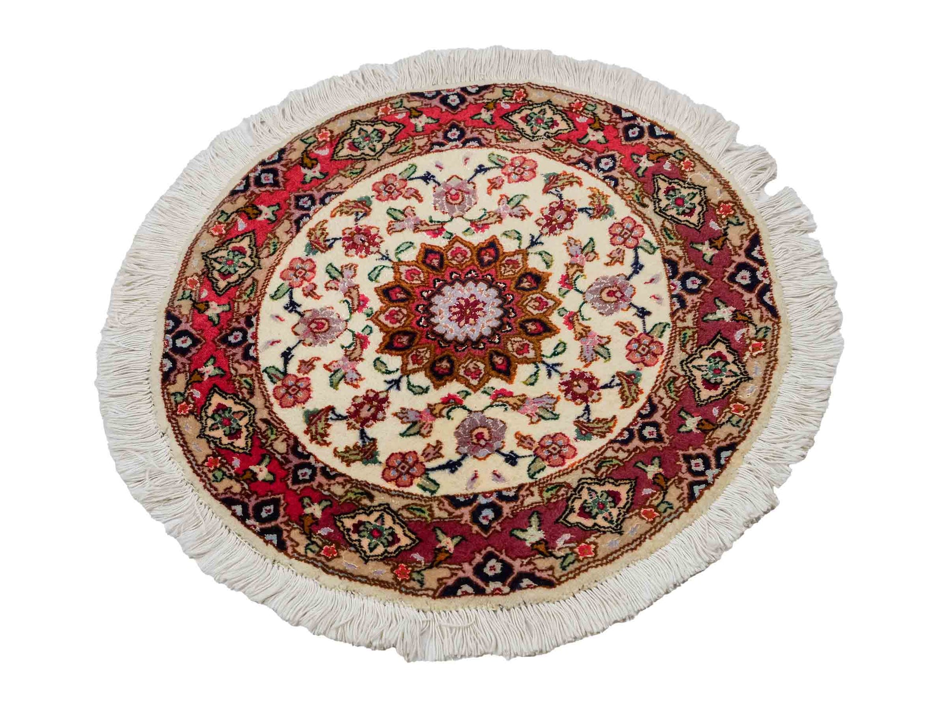 Sehr feiner, handgeknüpfter Täbriz Perserteppich aus Wolle mit Seide von Khademi. Farbe: Cremeweiß, rosa. Größe: 50 x 50 cm. Form: Rund. Vertrieb durch JUPITER Intl.