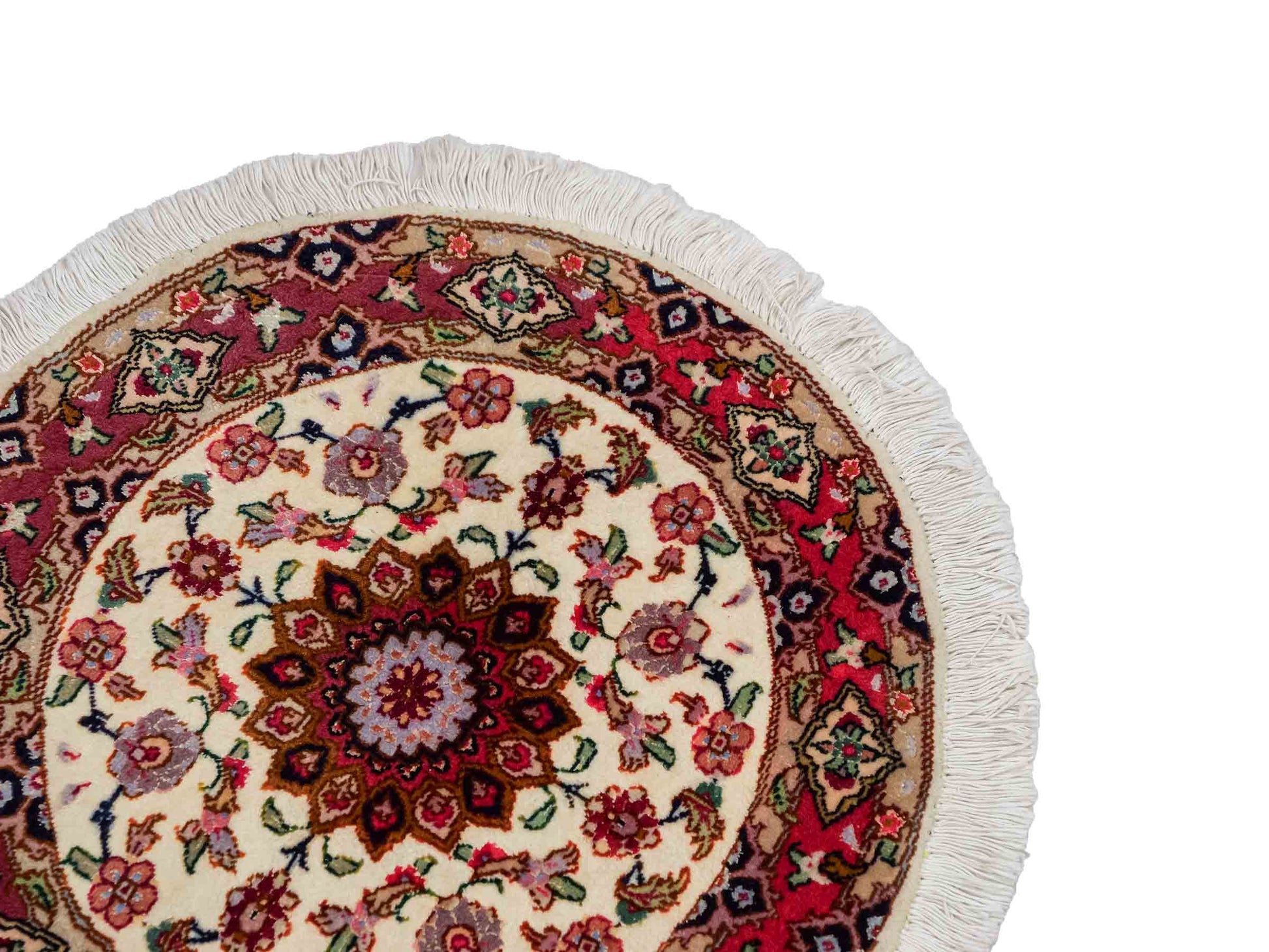 Sehr feiner, handgeknüpfter Täbriz Perserteppich aus Wolle mit Seide von Khademi. Farbe: Cremeweiß, rosa. Größe: 50 x 50 cm. Form: Rund. Vertrieb durch JUPITER Intl.