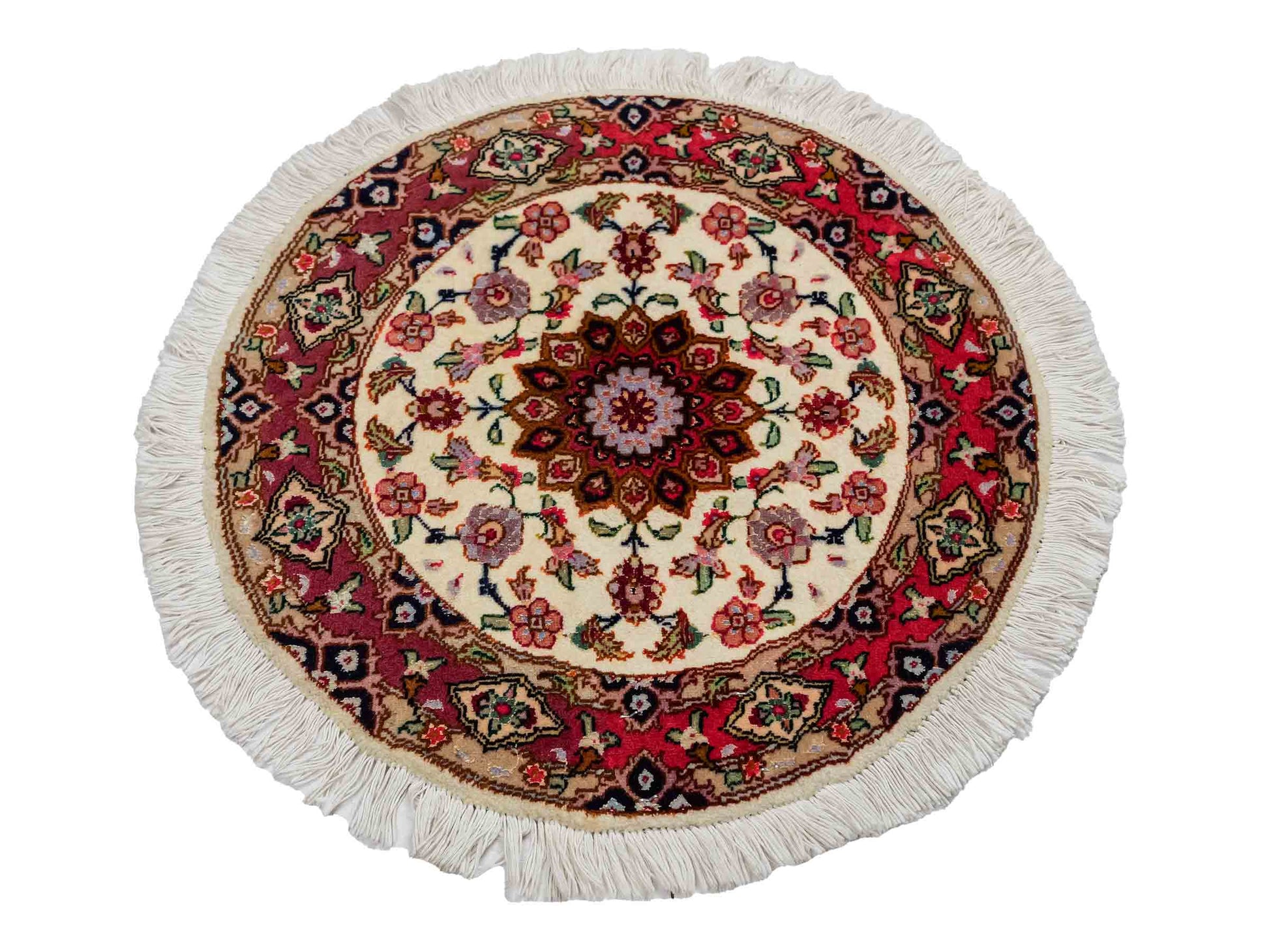 Sehr feiner, handgeknüpfter Täbriz Perserteppich aus Wolle mit Seide von Khademi. Farbe: Cremeweiß, rosa. Größe: 50 x 50 cm. Form: Rund. Vertrieb durch JUPITER Intl.