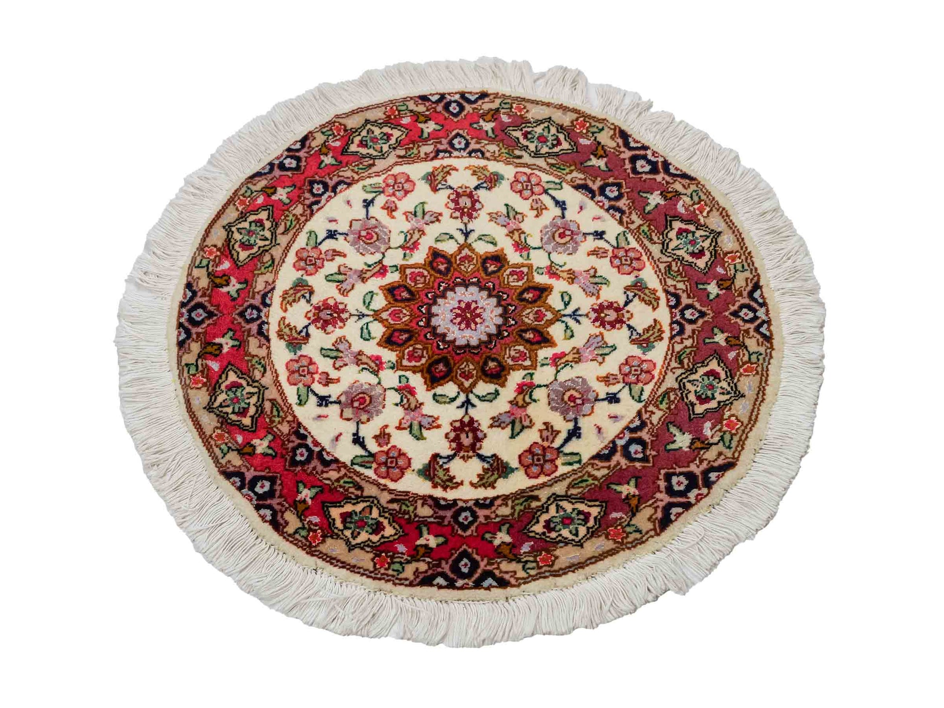 Sehr feiner, handgeknüpfter Täbriz Perserteppich aus Wolle mit Seide von Khademi. Farbe: Cremeweiß, rosa. Größe: 50 x 50 cm. Form: Rund. Vertrieb durch JUPITER Intl.