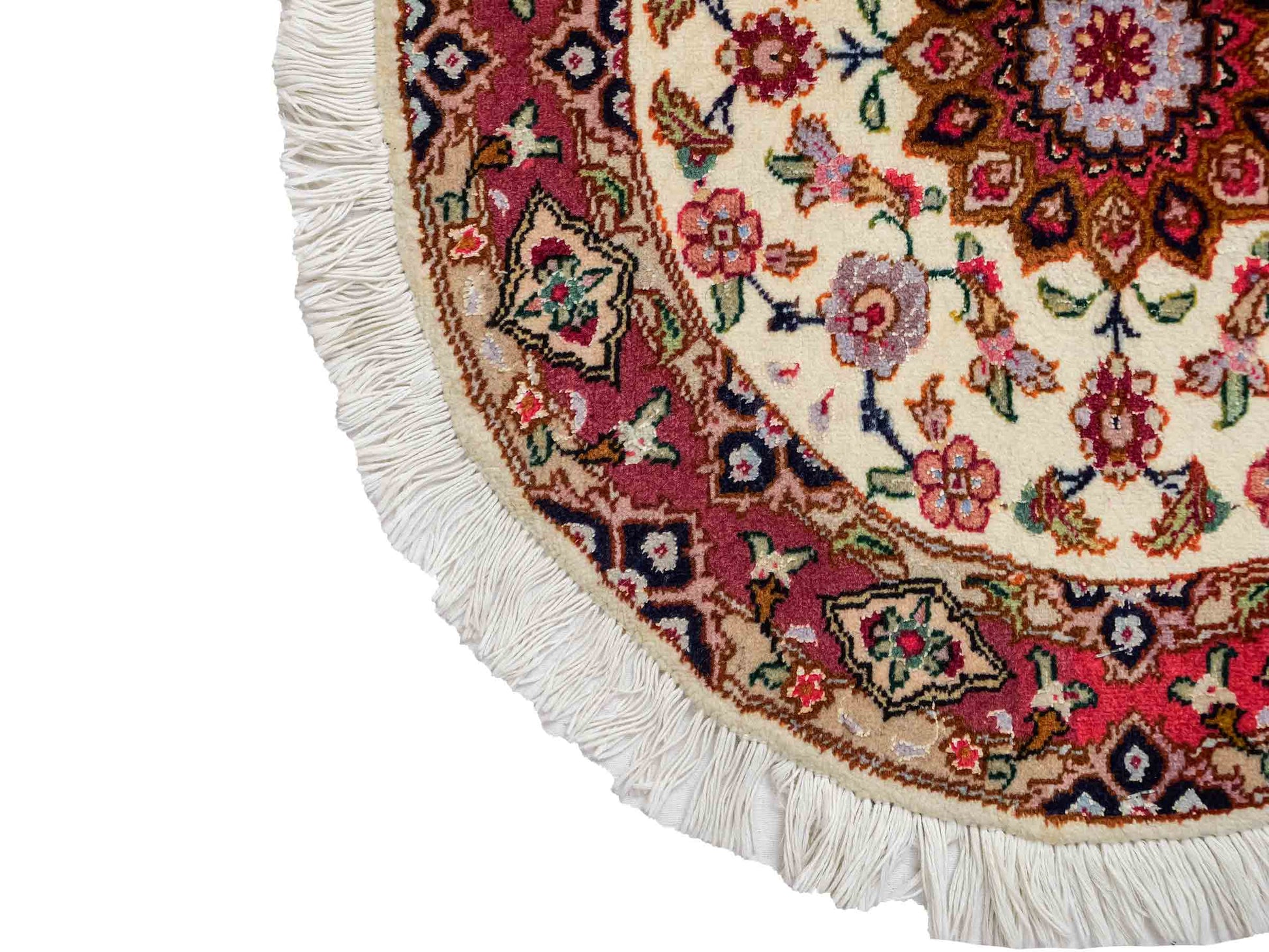Sehr feiner, handgeknüpfter Täbriz Perserteppich aus Wolle mit Seide von Khademi. Farbe: Cremeweiß, rosa. Größe: 50 x 50 cm. Form: Rund. Vertrieb durch JUPITER Intl.