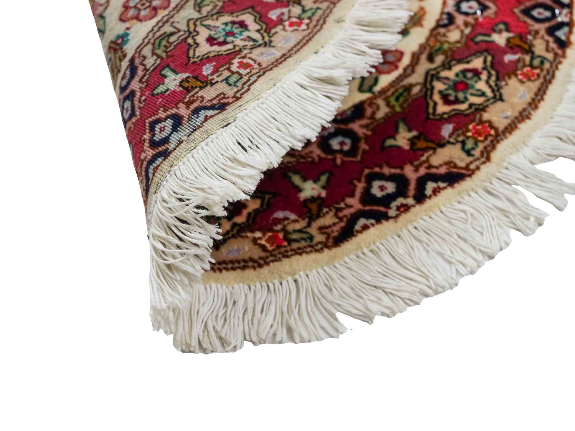 Sehr feiner, handgeknüpfter Täbriz Perserteppich aus Wolle mit Seide von Khademi. Farbe: Cremeweiß, rosa. Größe: 50 x 50 cm. Form: Rund. Vertrieb durch JUPITER Intl.