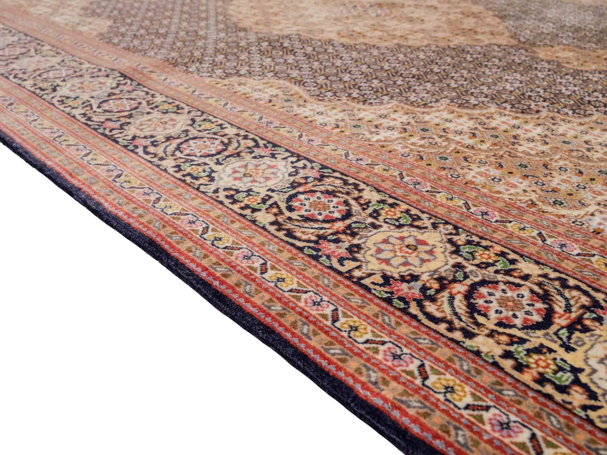 Sehr feiner, handgeknüpfter Täbriz Mahi Perserteppich aus Wolle und Seide mit Medaillon von Khademi. Größe: 220 x 157 cm. Farbe: Blau, braun. RB3-49. Verkauf durch JUPITER Intl.