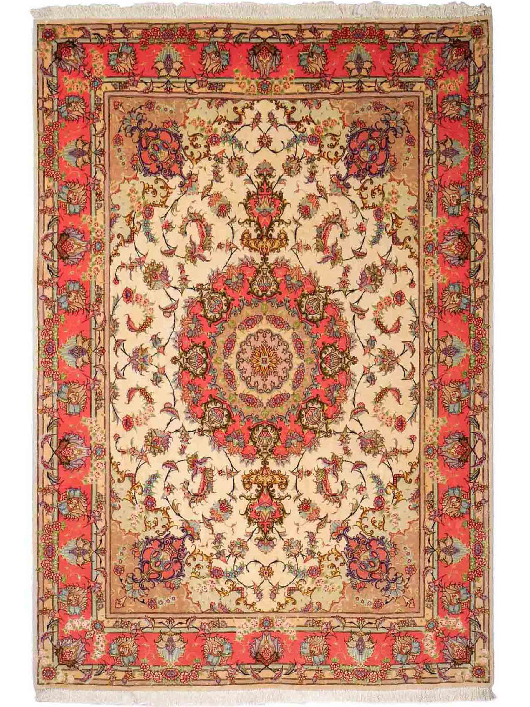 Sehr feiner, handgeknüpfter Khademi Täbriz Perserteppich aus Wolle mit Seide, creme, pink. 201x153 cm. Verkauf durch Jupiter Intl.