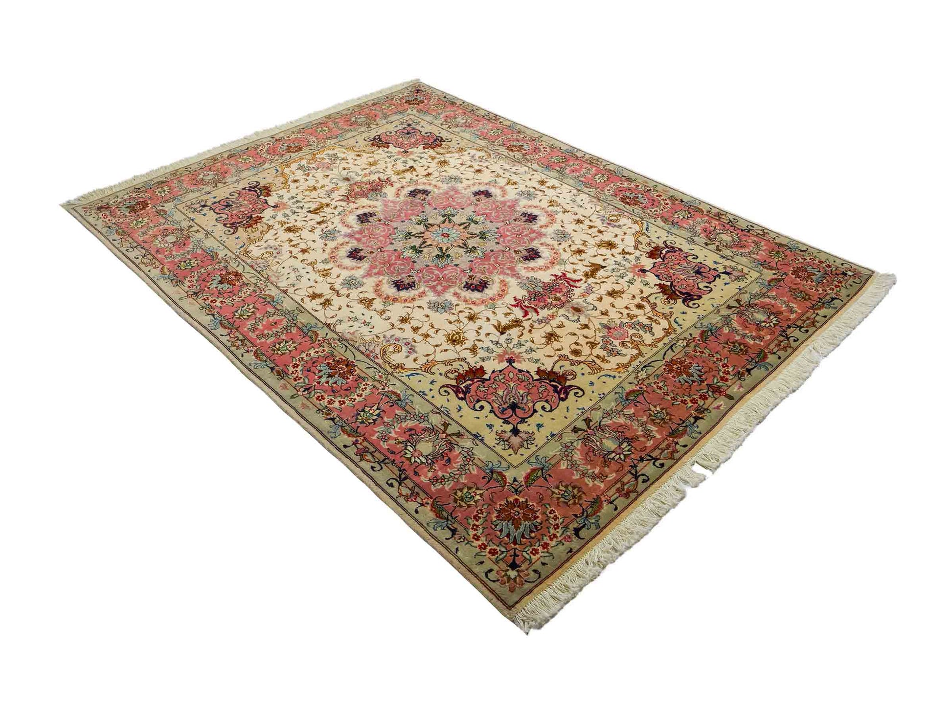 Sehr feiner, handgeknüpfter Khademi Täbriz Perserteppich aus Wolle mit Seide, creme, pink. 202x151 cm. Verkauf durch Jupiter Intl.