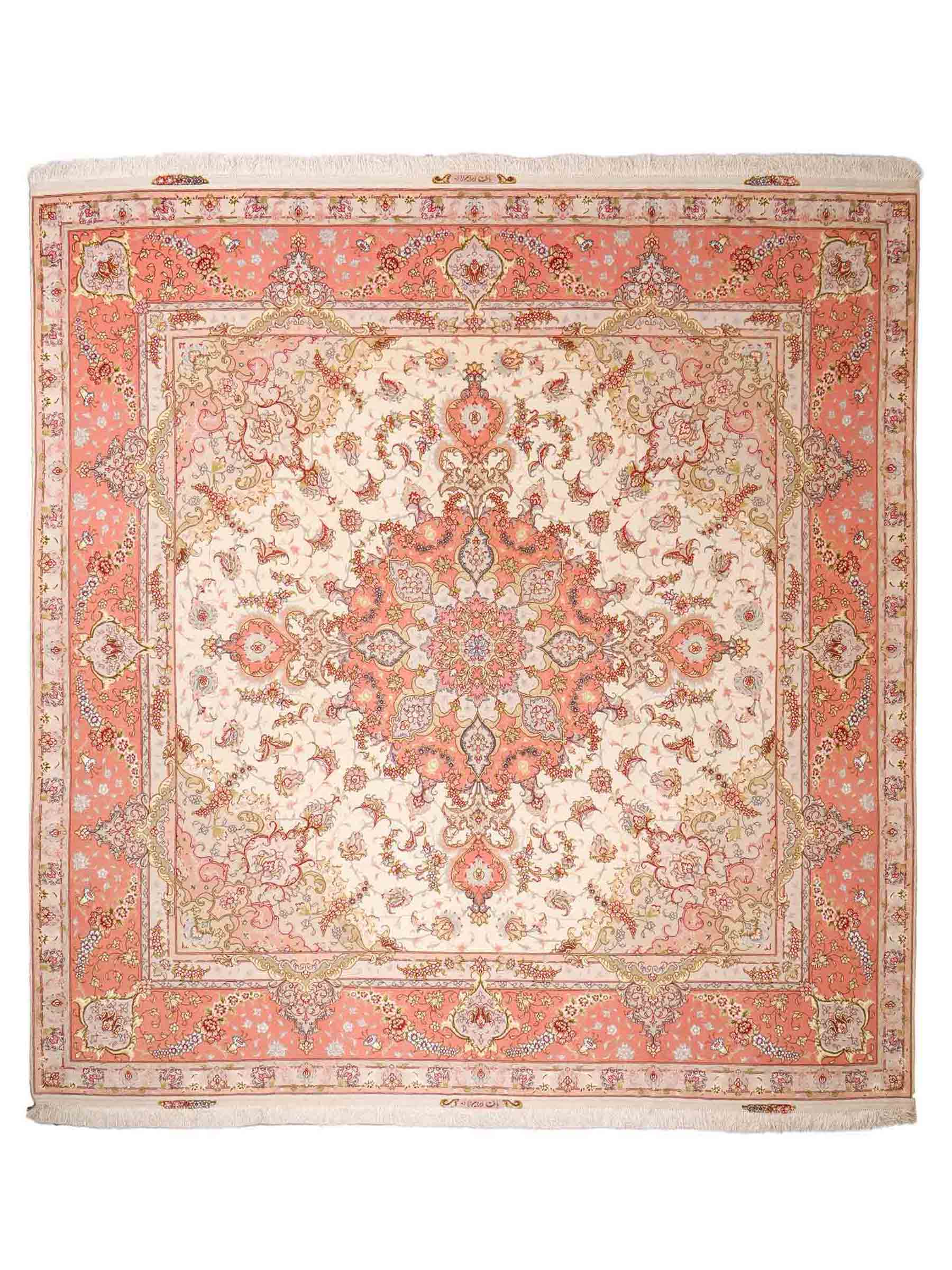 Sehr feiner, handgeknüpfter Khademi Täbriz Perserteppich aus Wolle mit Seide, creme, rosa. 264x253 cm. Verkauf durch Jupiter Intl.