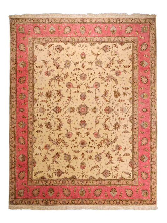 Sehr feiner, handgeknüpfter Khademi Täbriz Perserteppich aus Wolle mit Seide, creme, rosa. 306x245 cm. Verkauf durch Jupiter Intl.