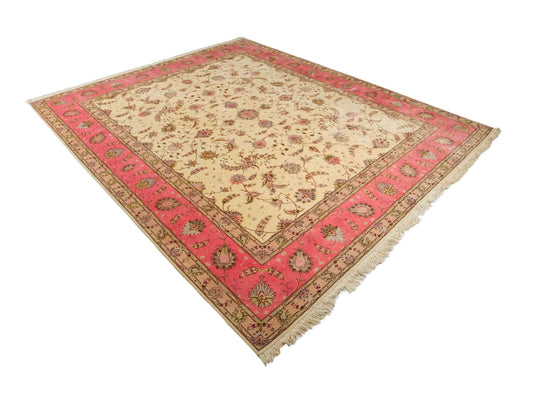 Sehr feiner, handgeknüpfter Khademi Täbriz Perserteppich aus Wolle mit Seide, creme, rosa. 306x245 cm. Verkauf durch Jupiter Intl.