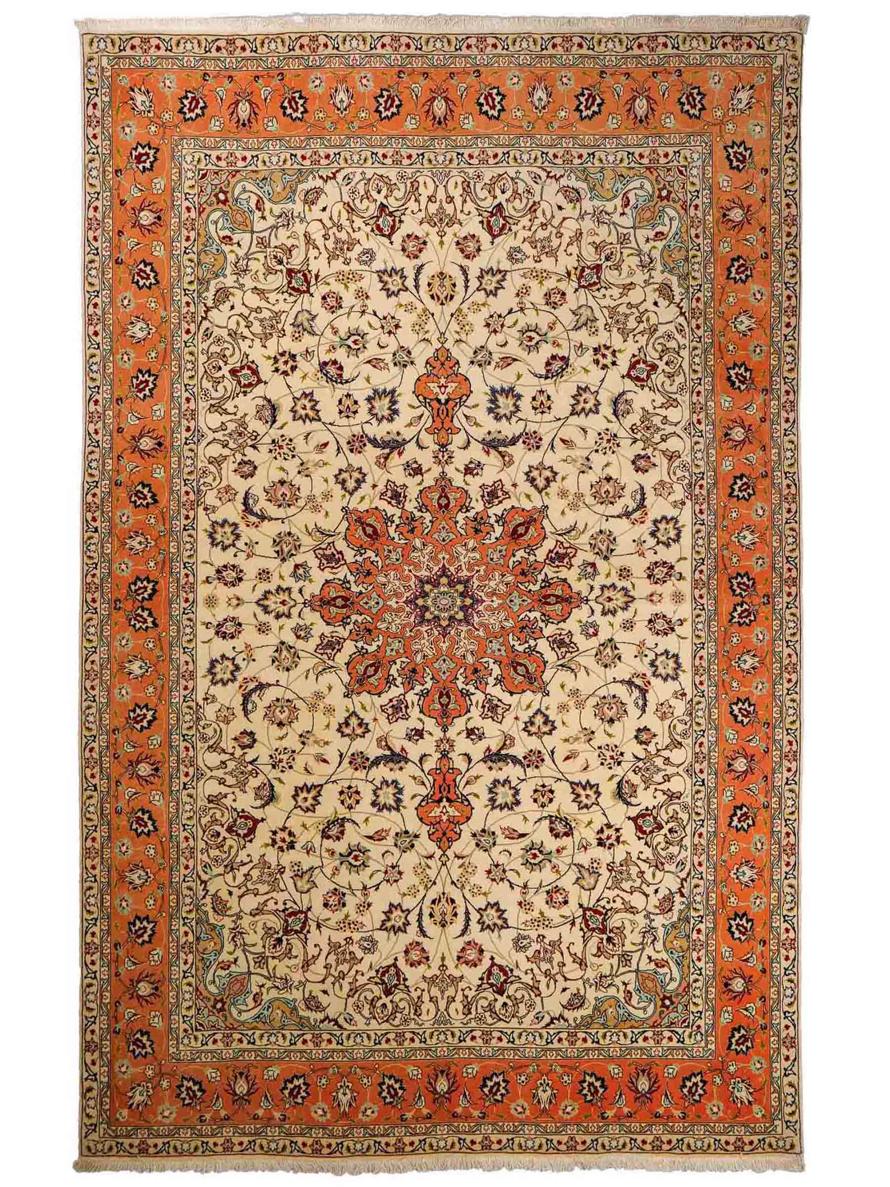 Sehr feiner, handgeknüpfter Khademi Täbriz Perserteppich aus Wolle mit Seide, creme, orange. 308x207 cm. Verkauf durch Jupiter Intl.