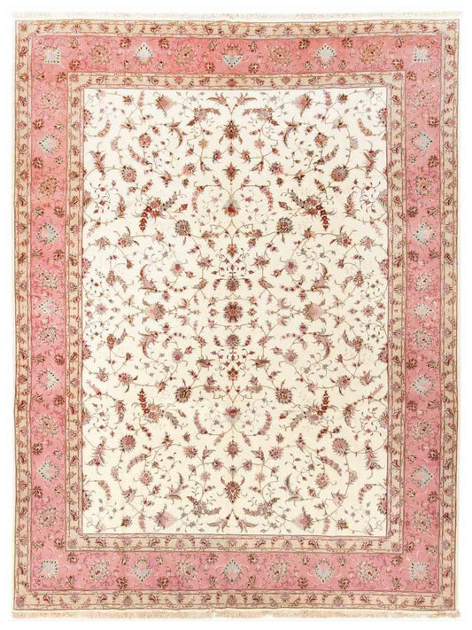 Sehr feiner, handgeknüpfter Täbriz Perserteppich aus Wolle mit Seide von Khademi, creme, rosa. 400x289 cm. Verkauf durch Jupiter Intl.
