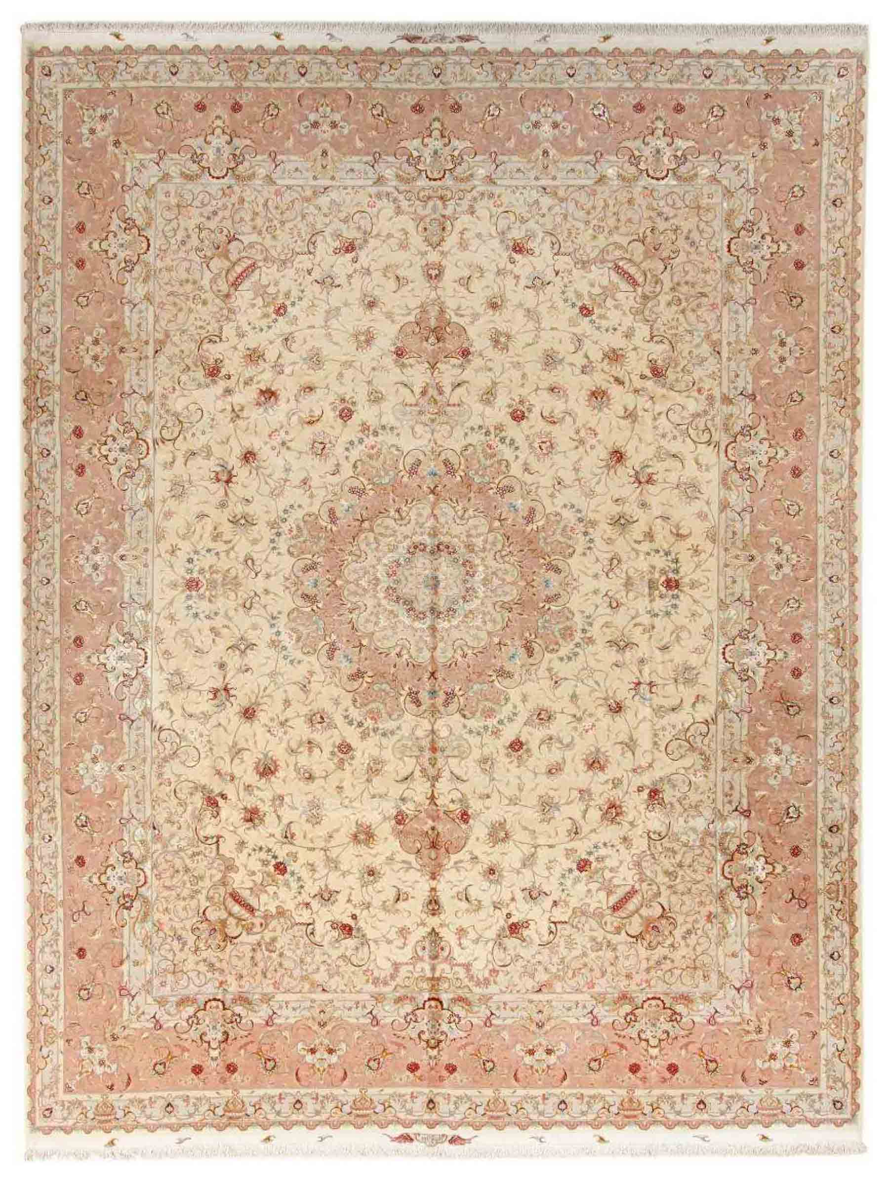 Sehr feiner, handgeknüpfter Täbriz Perserteppich aus Wolle mit Seide von Khademi, creme, rosa. 416x296 cm. Verkauf durch Jupiter Intl.