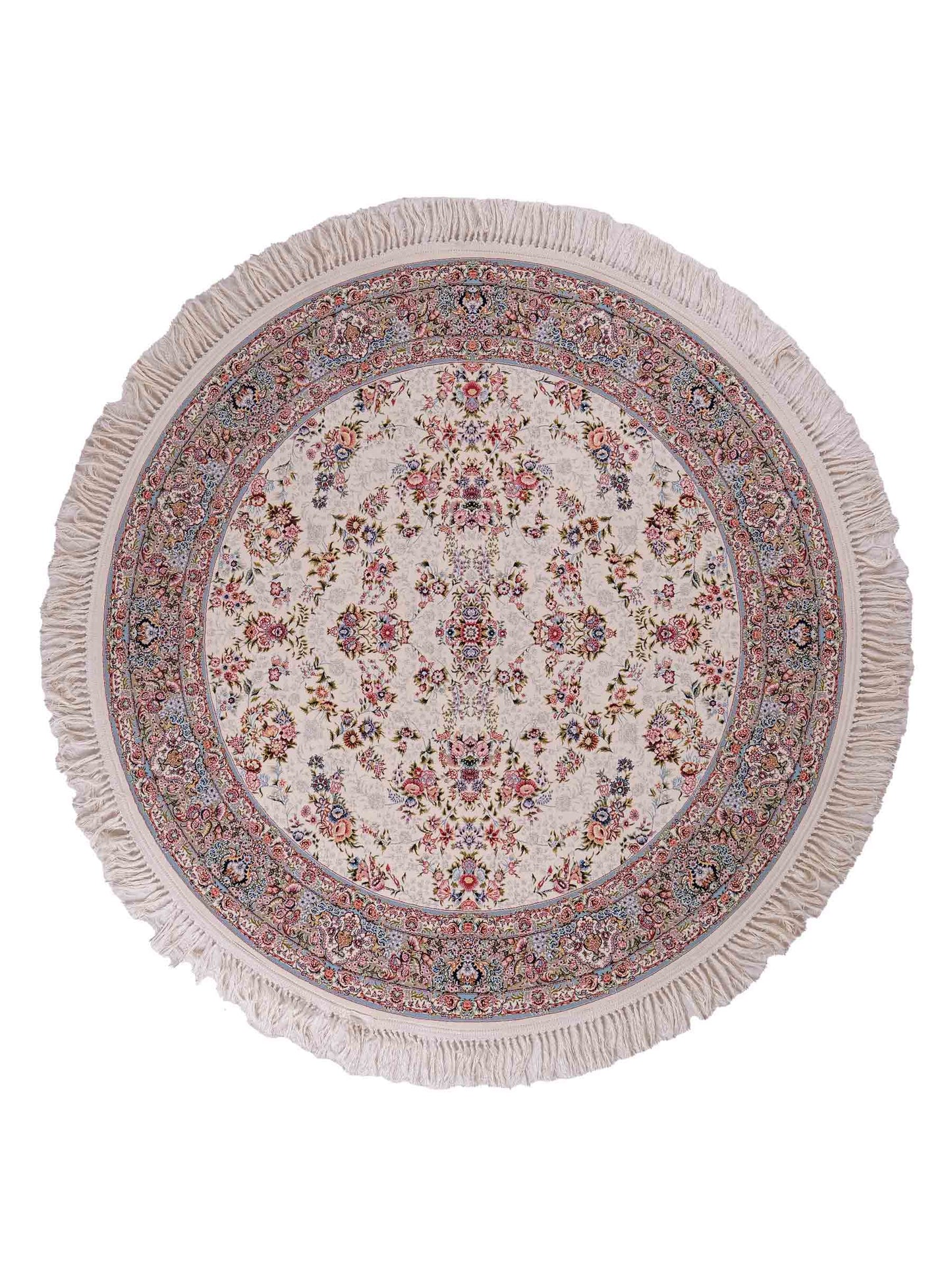 Persischer Maschinenteppich von Khademi aus Acryl, rund, creme, Allover-Täbriz-Design, Größe: 150 x 150 cm. Made in Iran. Teppichnummer: KB4-1838. Verkauf durch Jupiter Intl.
