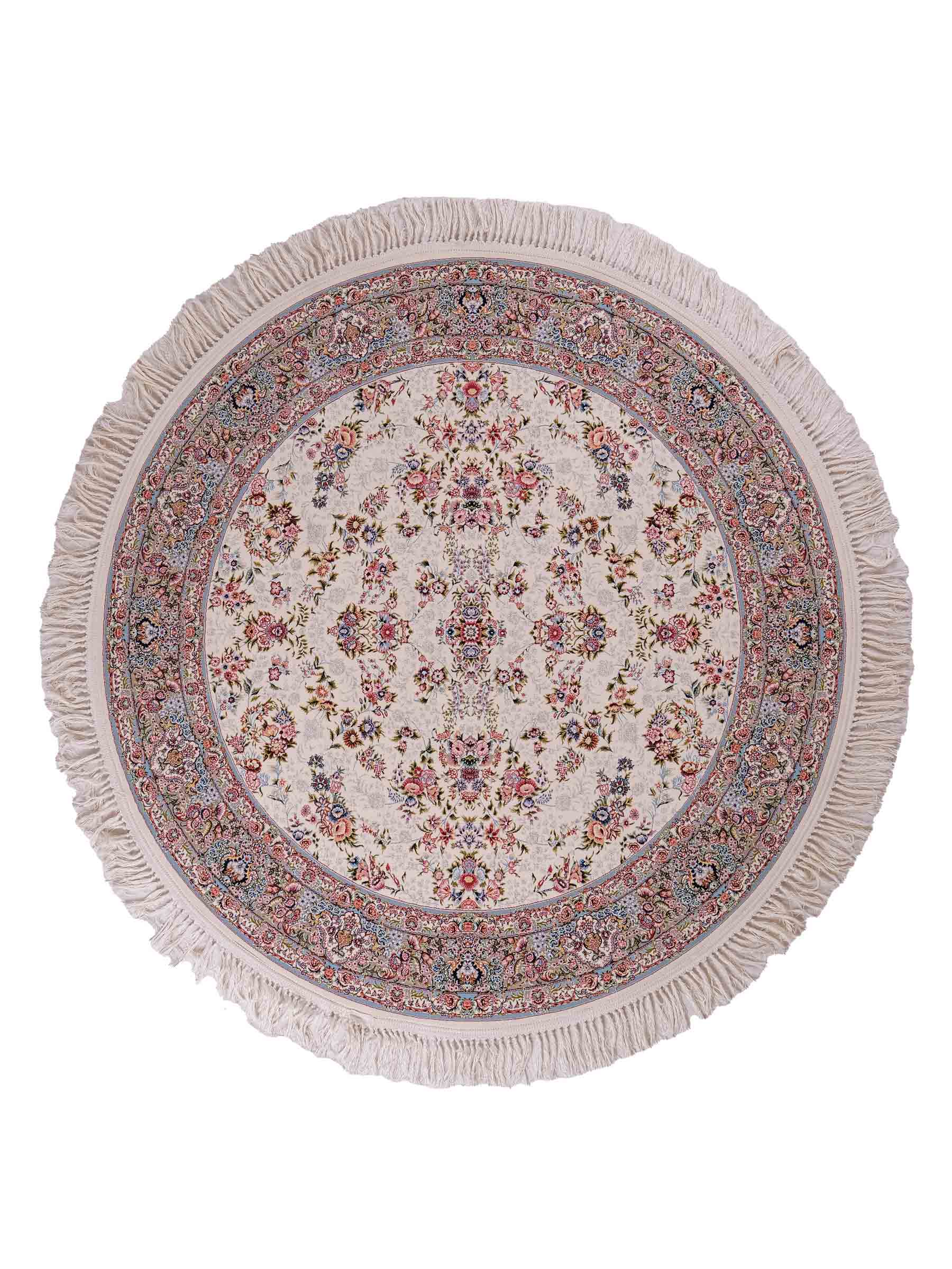 Persischer Maschinenteppich von Khademi aus Acryl, rund, creme, Allover-Täbriz-Design, Größe: 150 x 150 cm. Made in Iran. Teppichnummer: KB4-1838. Verkauf durch Jupiter Intl.