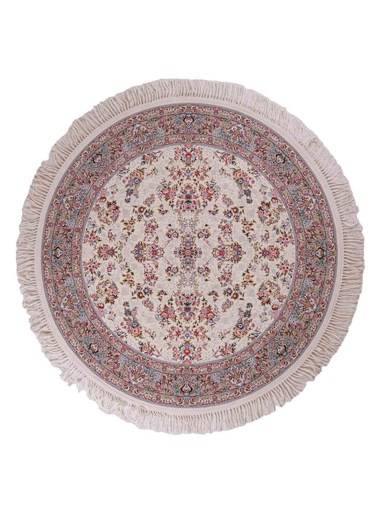 Persischer Maschinenteppich von Khademi aus Acryl, rund, creme, Allover-Täbriz-Design, Größe: 150 x 150 cm. Made in Iran. Teppichnummer: KB4-1838. Verkauf durch Jupiter Intl.