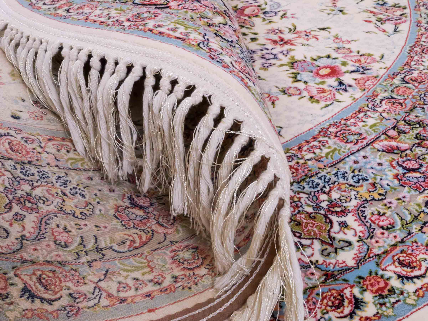Persischer Maschinenteppich von Khademi aus Acryl, rund, creme, Allover-Täbriz-Design, Größe: 150 x 150 cm. Made in Iran. Teppichnummer: KB4-1838. Verkauf durch Jupiter Intl.
