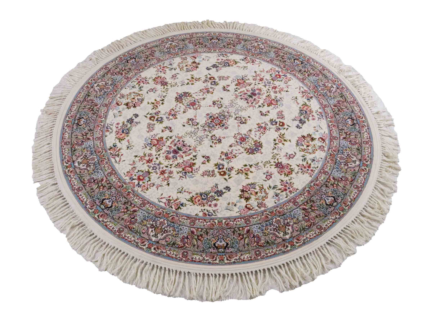 Persischer Maschinenteppich von Khademi aus Acryl, rund, creme, Allover-Täbriz-Design, Größe: 150 x 150 cm. Made in Iran. Teppichnummer: KB4-1838. Verkauf durch Jupiter Intl.