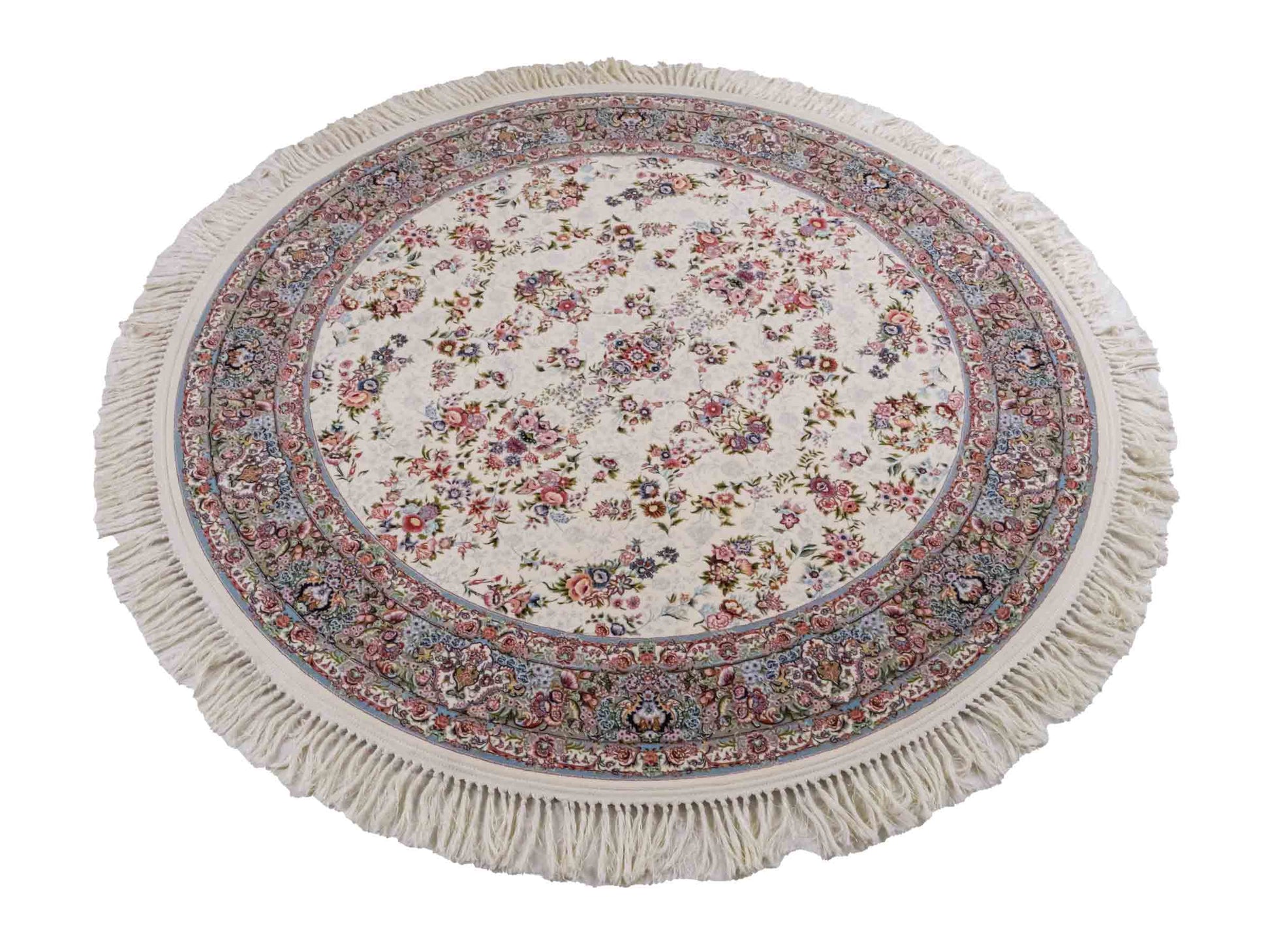 Persischer Maschinenteppich von Khademi aus Acryl, rund, creme, Allover-Täbriz-Design, Größe: 150 x 150 cm. Made in Iran. Teppichnummer: KB4-1838. Verkauf durch Jupiter Intl.