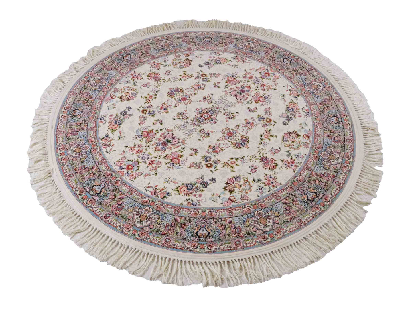 Persischer Maschinenteppich von Khademi aus Acryl, rund, creme, Allover-Täbriz-Design, Größe: 150 x 150 cm. Made in Iran. Teppichnummer: KB4-1838. Verkauf durch Jupiter Intl.