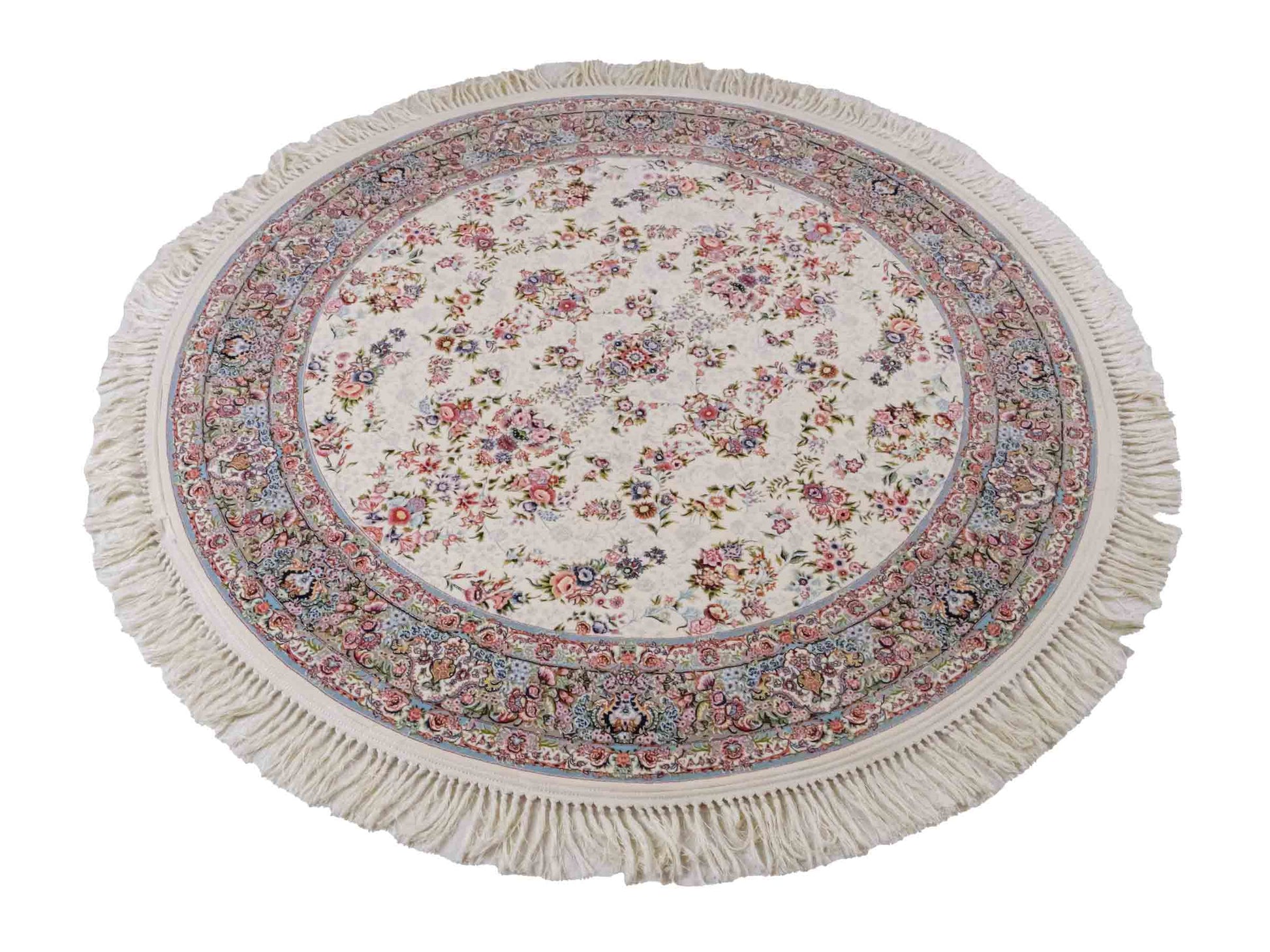 Persischer Maschinenteppich von Khademi aus Acryl, rund, creme, Allover-Täbriz-Design, Größe: 150 x 150 cm. Made in Iran. Teppichnummer: KB4-1838. Verkauf durch Jupiter Intl.