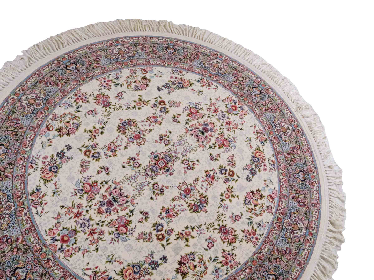 Persischer Maschinenteppich von Khademi aus Acryl, rund, creme, Allover-Täbriz-Design, Größe: 150 x 150 cm. Made in Iran. Teppichnummer: KB4-1838. Verkauf durch Jupiter Intl.