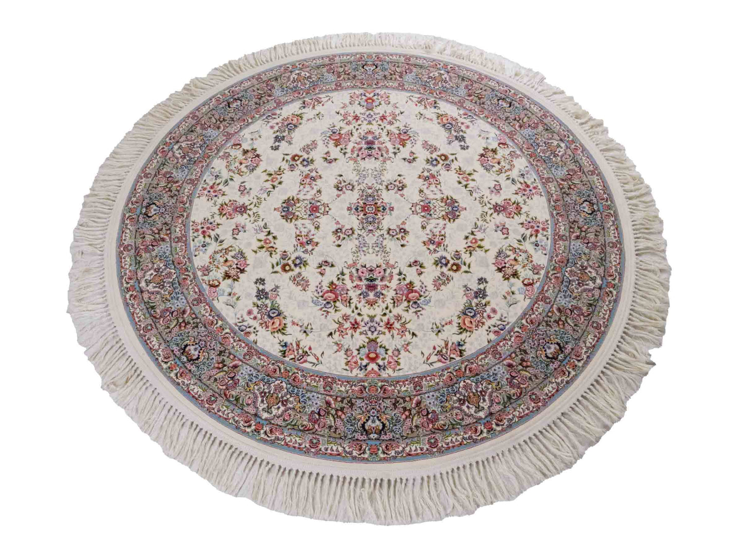 Persischer Maschinenteppich von Khademi aus Acryl, rund, creme, Allover-Täbriz-Design, Größe: 150 x 150 cm. Made in Iran. Teppichnummer: KB4-1838. Verkauf durch Jupiter Intl.