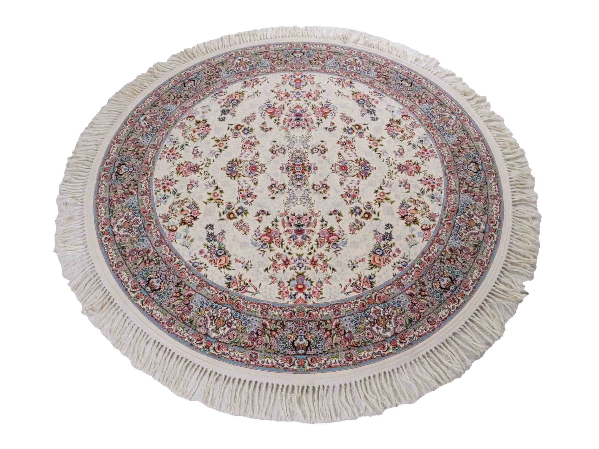 Persischer Maschinenteppich von Khademi aus Acryl, rund, creme, Allover-Täbriz-Design, Größe: 150 x 150 cm. Made in Iran. Teppichnummer: KB4-1838. Verkauf durch Jupiter Intl.