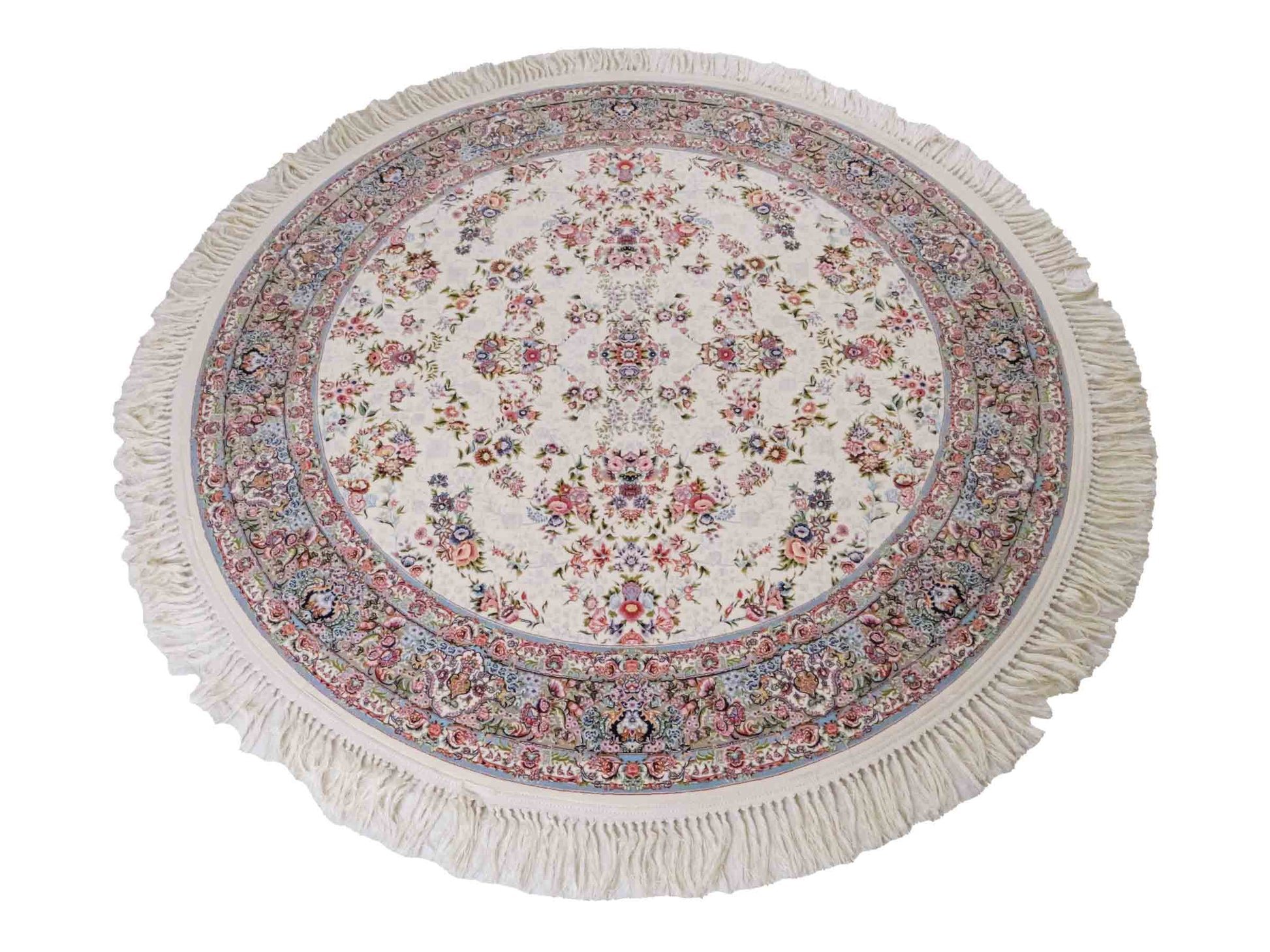 Persischer Maschinenteppich von Khademi aus Acryl, rund, creme, Allover-Täbriz-Design, Größe: 150 x 150 cm. Made in Iran. Teppichnummer: KB4-1838. Verkauf durch Jupiter Intl.