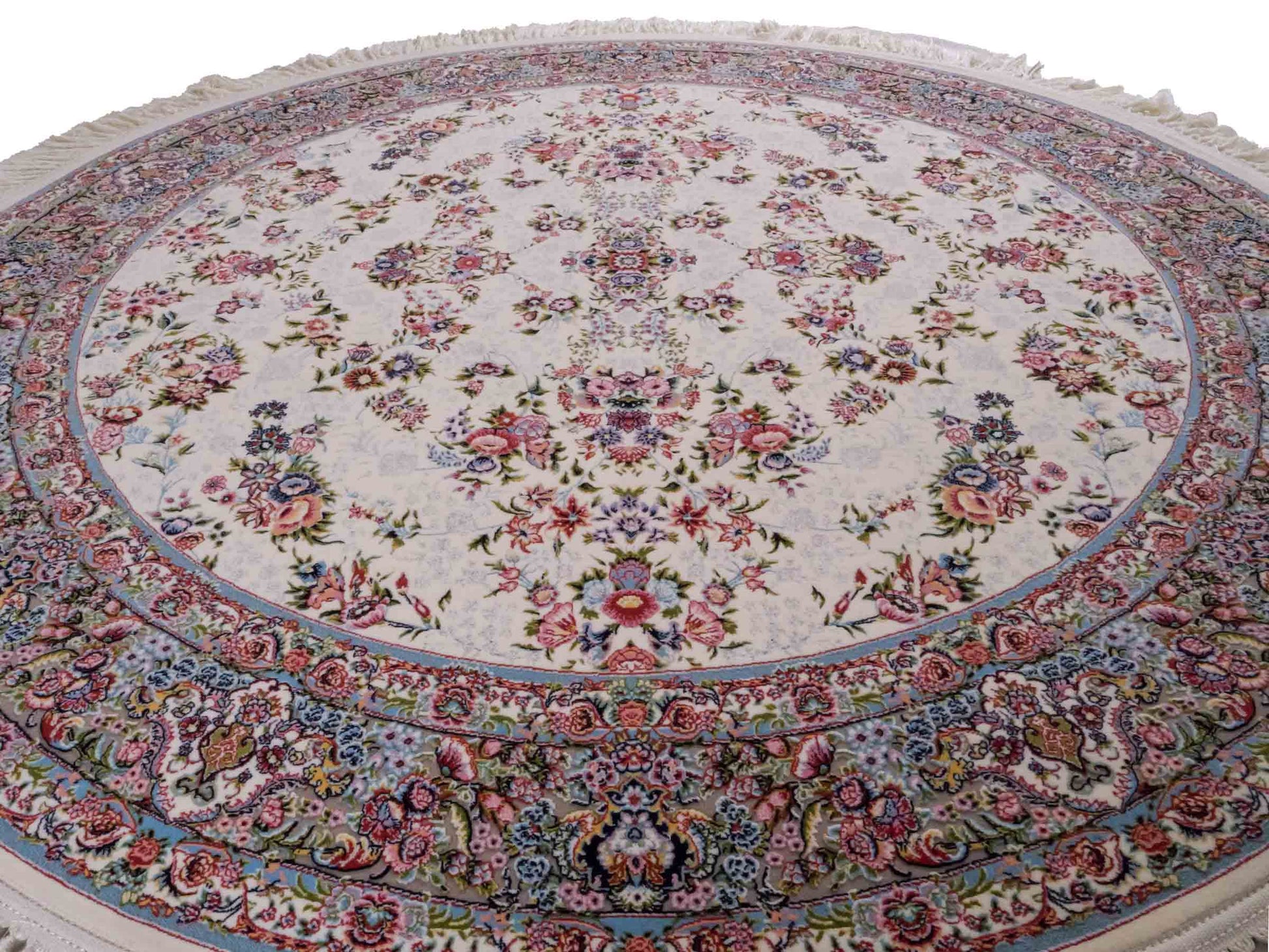 Persischer Maschinenteppich von Khademi aus Acryl, rund, creme, Allover-Täbriz-Design, Größe: 150 x 150 cm. Made in Iran. Teppichnummer: KB4-1838. Verkauf durch Jupiter Intl.