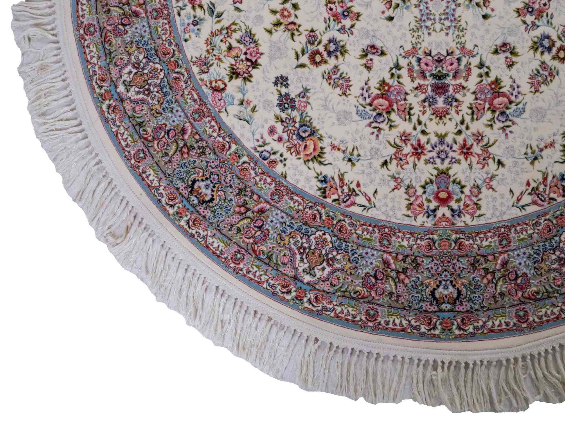 Persischer Maschinenteppich von Khademi aus Acryl, rund, creme, Allover-Täbriz-Design, Größe: 150 x 150 cm. Made in Iran. Teppichnummer: KB4-1838. Verkauf durch Jupiter Intl.
