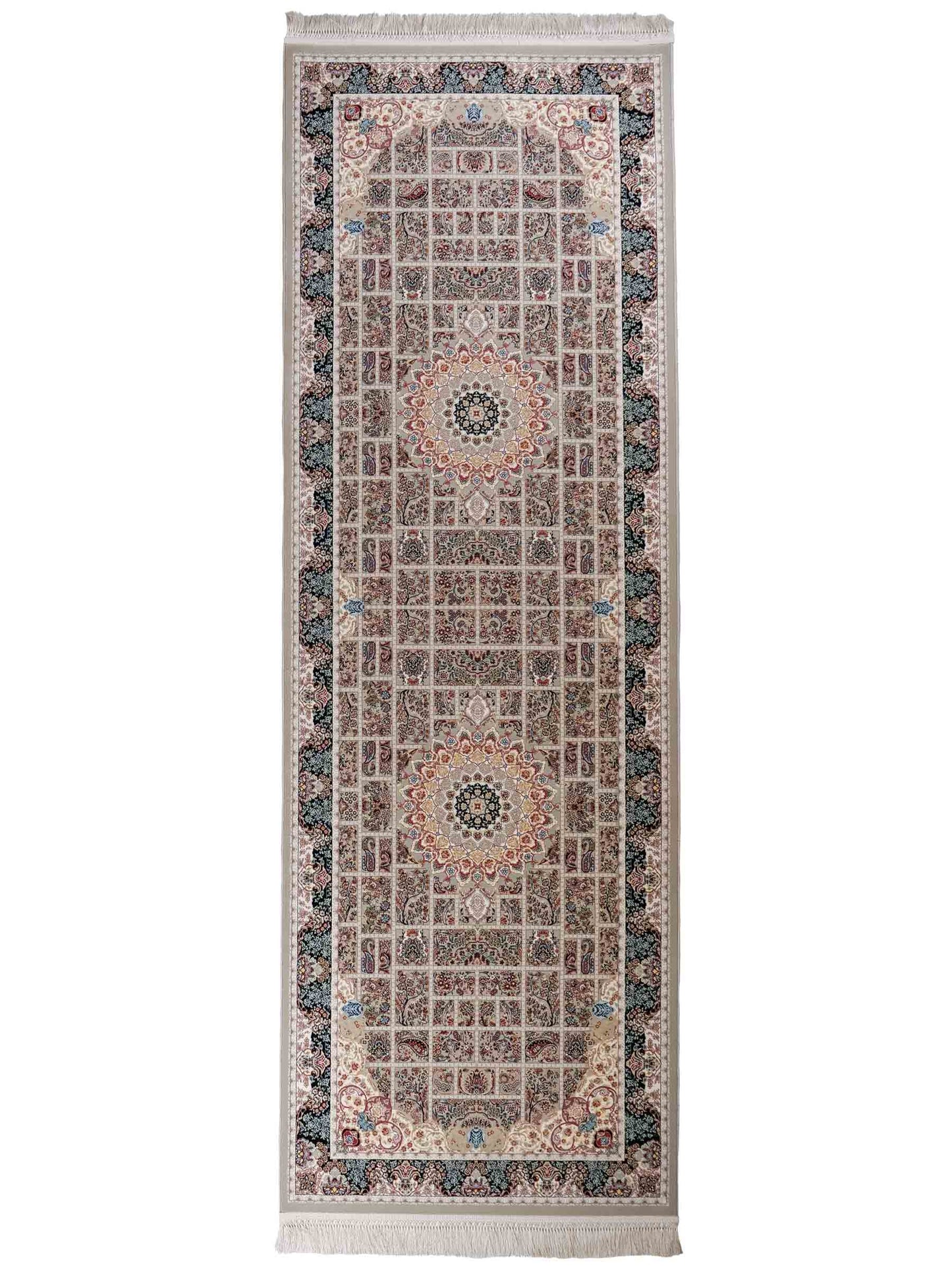 Persischer Läufer-Maschinenteppich von Khademi aus Acryl, grau, Ghom-Medaillon-Design, Größe: 300 x 100 cm. Made in Iran. Teppichnummer: KB4-1835. Verkauf durch Jupiter Intl.