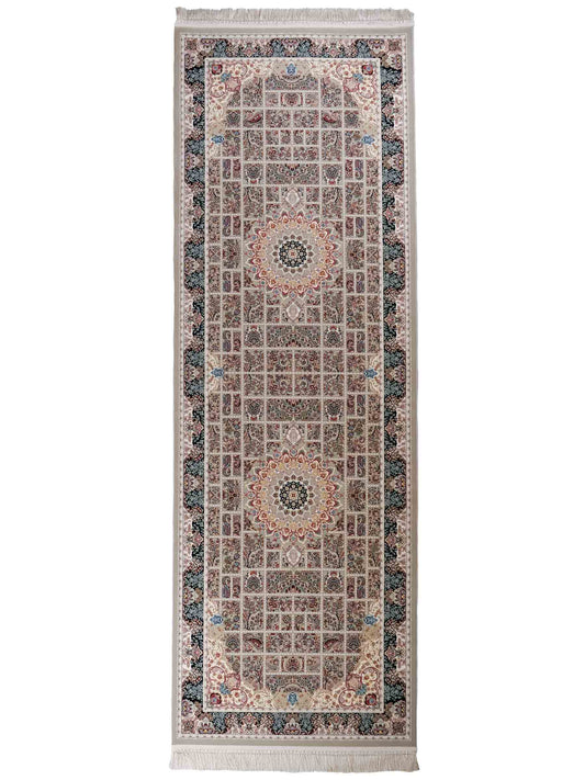 Persischer Läufer-Maschinenteppich von Khademi aus Acryl, grau, Ghom-Medaillon-Design, Größe: 300 x 100 cm. Made in Iran. Teppichnummer: KB4-1835. Verkauf durch Jupiter Intl.