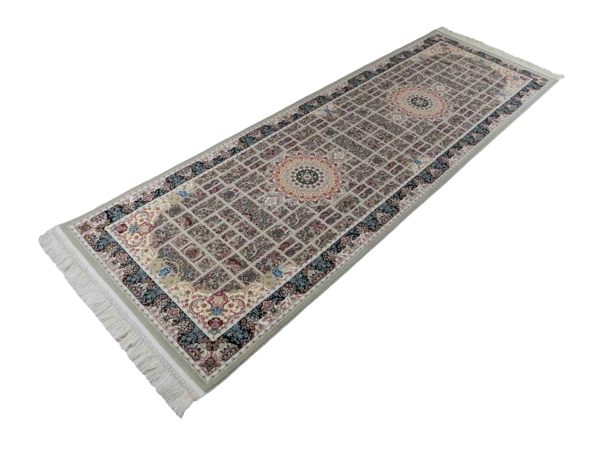 Persischer Läufer-Maschinenteppich von Khademi aus Acryl, grau, Ghom-Medaillon-Design, Größe: 300 x 100 cm. Made in Iran. Teppichnummer: KB4-1835. Verkauf durch Jupiter Intl.
