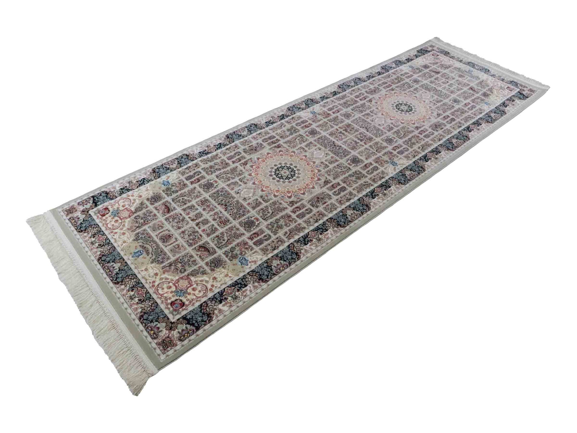 Persischer Läufer-Maschinenteppich von Khademi aus Acryl, grau, Ghom-Medaillon-Design, Größe: 300 x 100 cm. Made in Iran. Teppichnummer: KB4-1835. Verkauf durch Jupiter Intl.