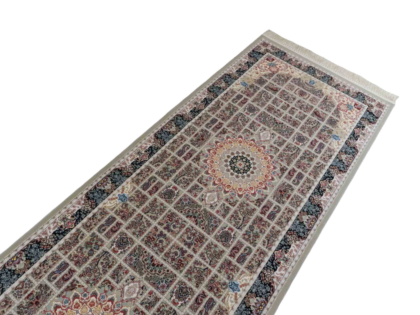 Persischer Läufer-Maschinenteppich von Khademi aus Acryl, grau, Ghom-Medaillon-Design, Größe: 300 x 100 cm. Made in Iran. Teppichnummer: KB4-1835. Verkauf durch Jupiter Intl.