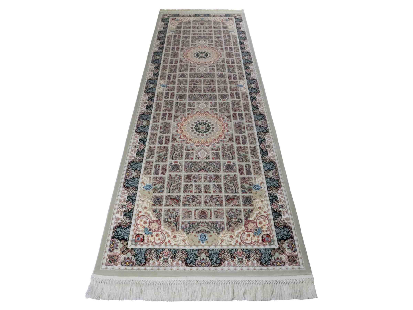 Persischer Läufer-Maschinenteppich von Khademi aus Acryl, grau, Ghom-Medaillon-Design, Größe: 300 x 100 cm. Made in Iran. Teppichnummer: KB4-1835. Verkauf durch Jupiter Intl.