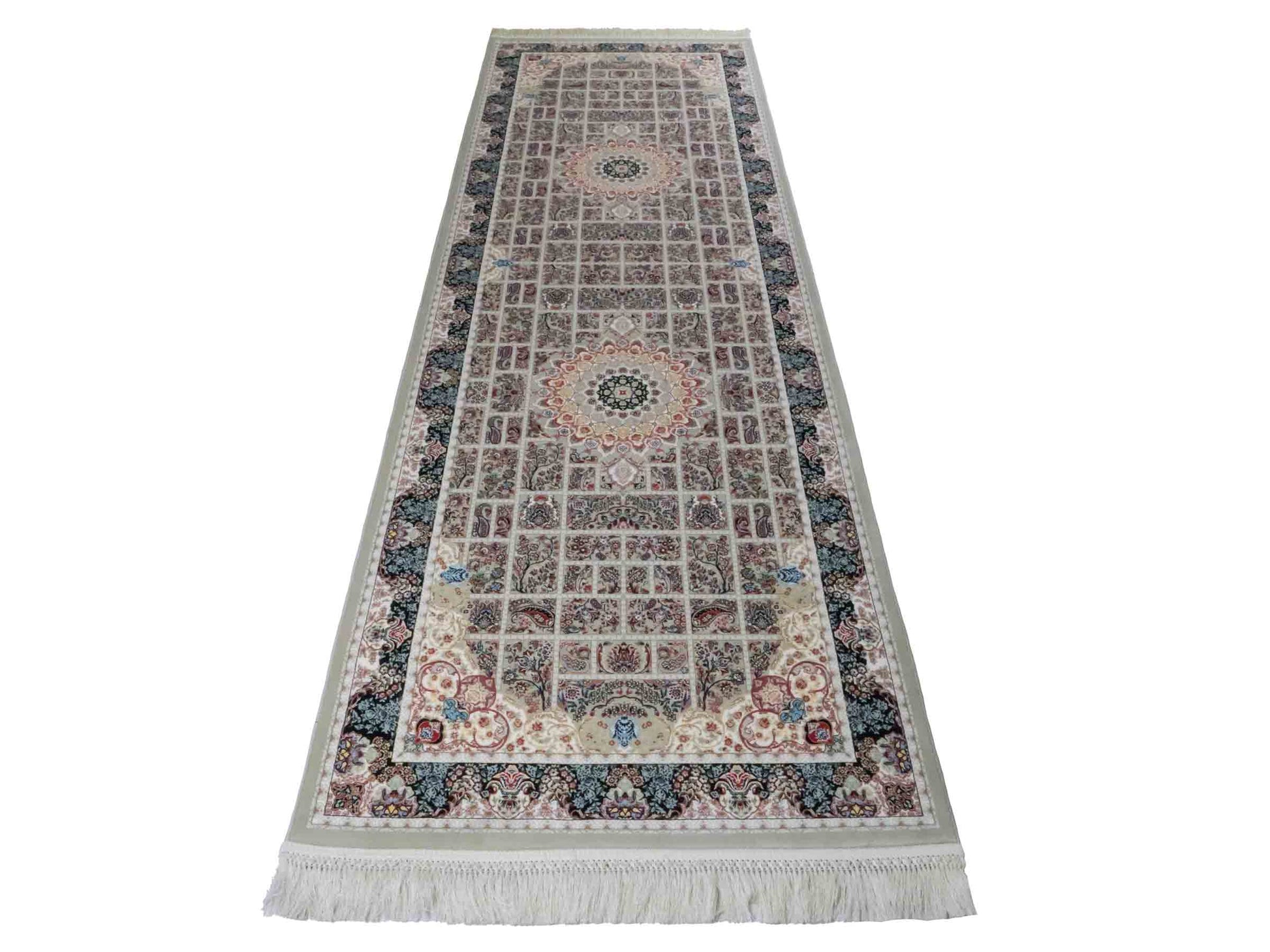 Persischer Läufer-Maschinenteppich von Khademi aus Acryl, grau, Ghom-Medaillon-Design, Größe: 300 x 100 cm. Made in Iran. Teppichnummer: KB4-1835. Verkauf durch Jupiter Intl.