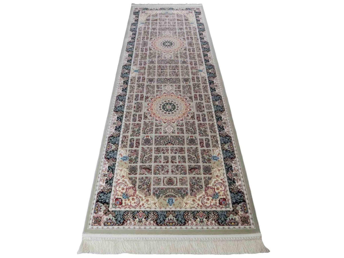 Persischer Läufer-Maschinenteppich von Khademi aus Acryl, grau, Ghom-Medaillon-Design, Größe: 300 x 100 cm. Made in Iran. Teppichnummer: KB4-1835. Verkauf durch Jupiter Intl.
