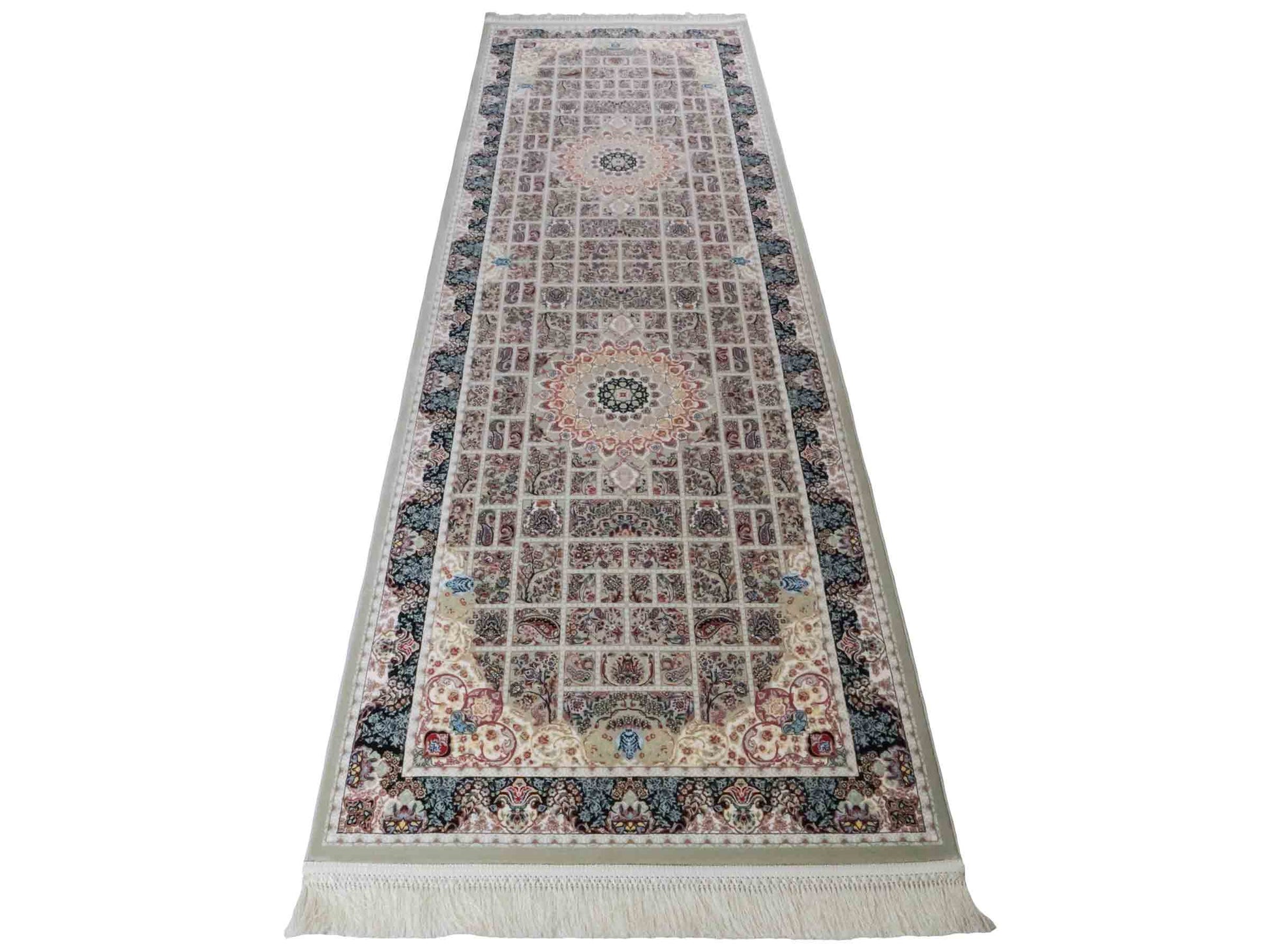 Persischer Läufer-Maschinenteppich von Khademi aus Acryl, grau, Ghom-Medaillon-Design, Größe: 300 x 100 cm. Made in Iran. Teppichnummer: KB4-1835. Verkauf durch Jupiter Intl.