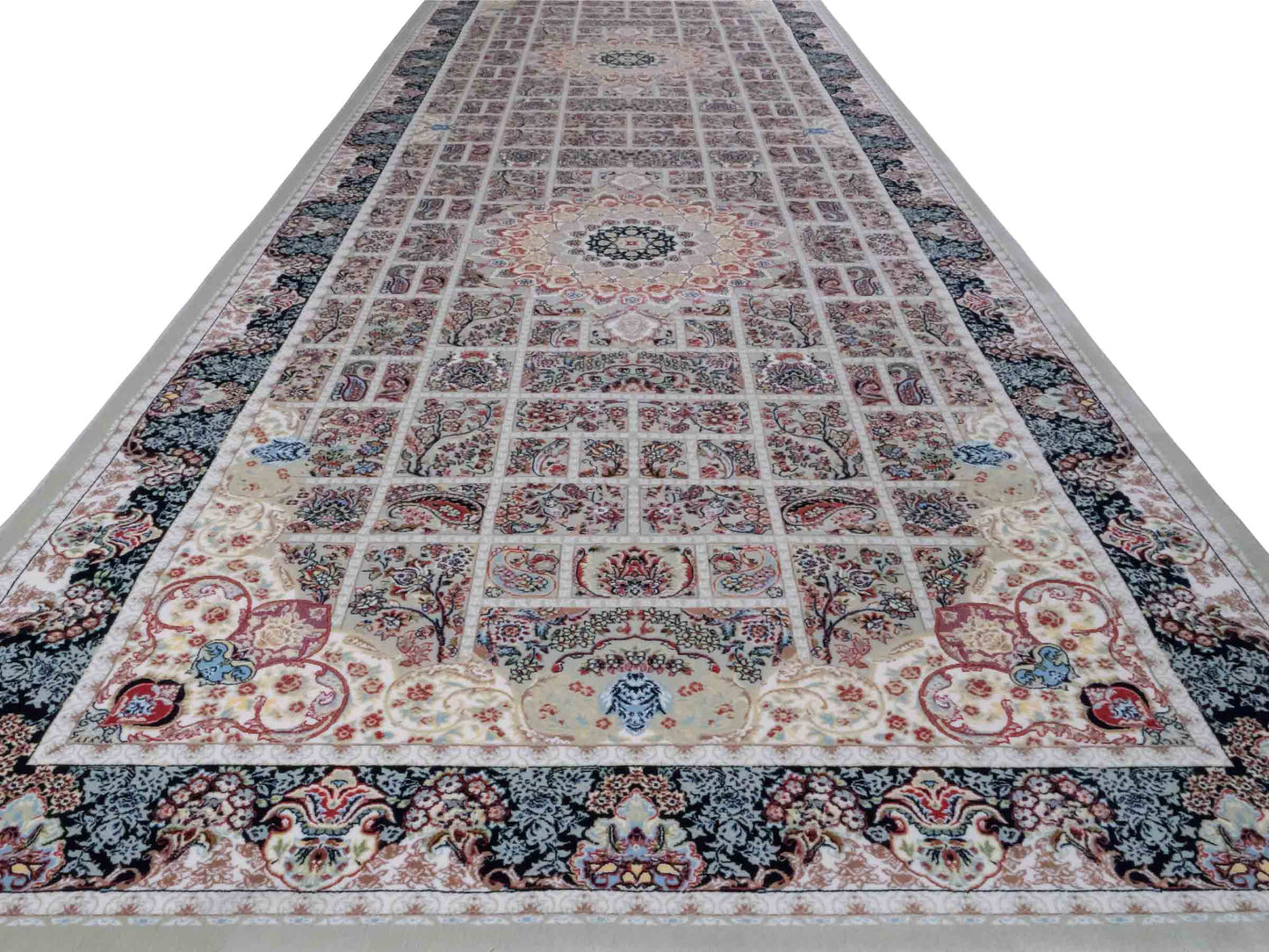 Persischer Läufer-Maschinenteppich von Khademi aus Acryl, grau, Ghom-Medaillon-Design, Größe: 300 x 100 cm. Made in Iran. Teppichnummer: KB4-1835. Verkauf durch Jupiter Intl.
