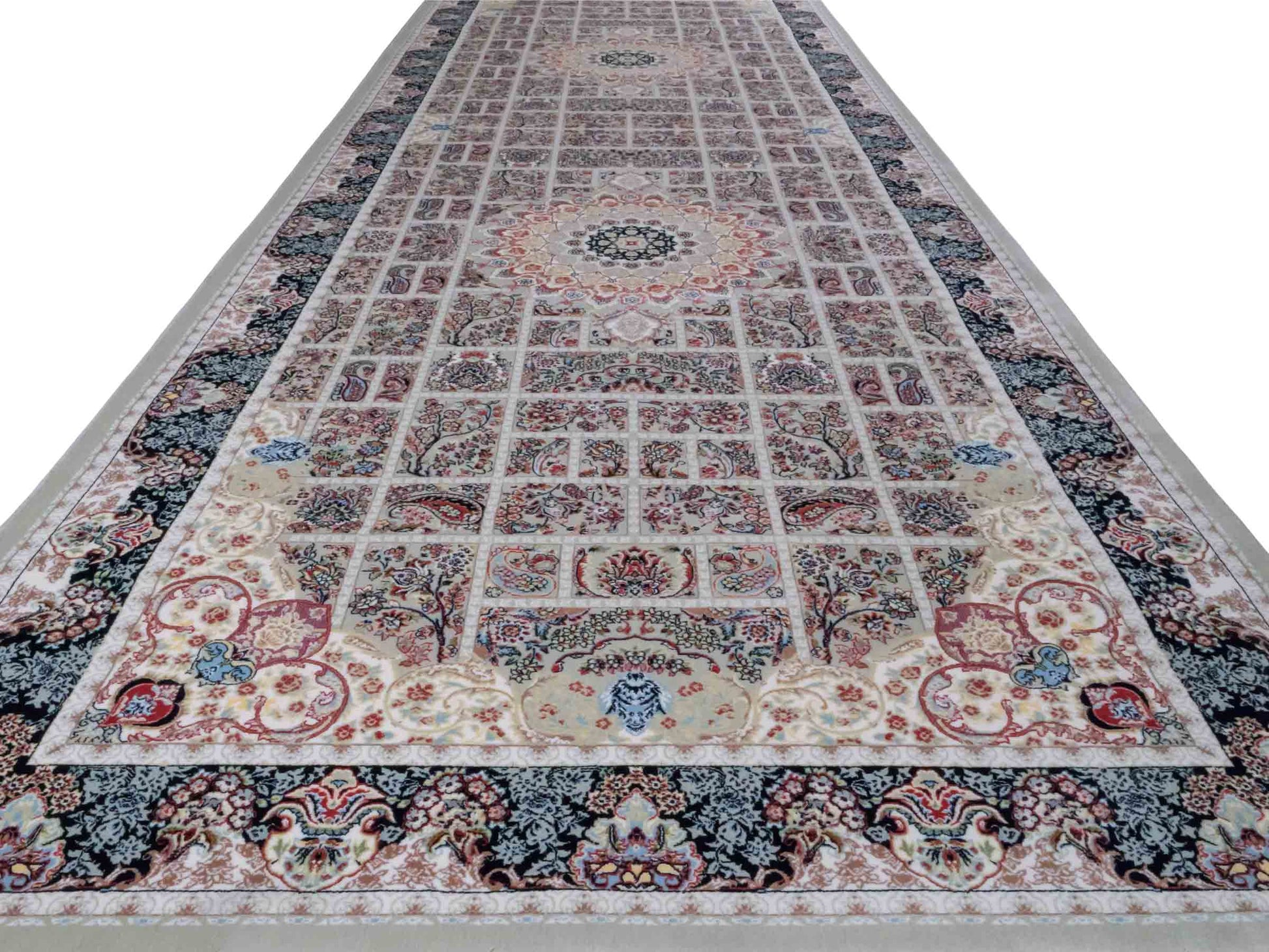 Persischer Läufer-Maschinenteppich von Khademi aus Acryl, grau, Ghom-Medaillon-Design, Größe: 300 x 100 cm. Made in Iran. Teppichnummer: KB4-1835. Verkauf durch Jupiter Intl.