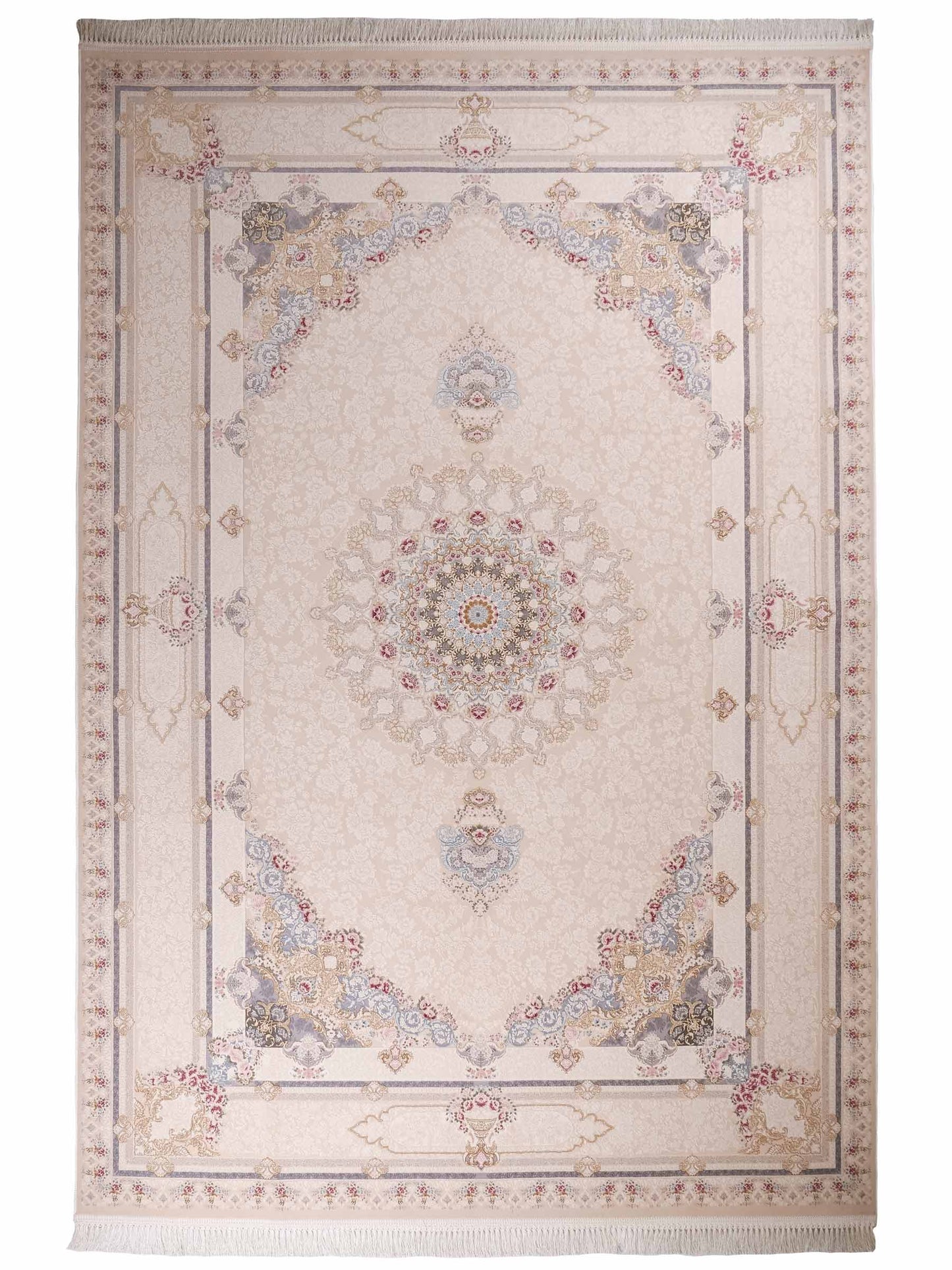 Persischer Maschinenteppich von Khademi aus Acryl, cremeweiß, Ghom-Medaillon-Design, Größe: 300 x 200 cm. Made in Iran. Teppichnummer: KB4-1831. Verkauf durch Jupiter Intl.