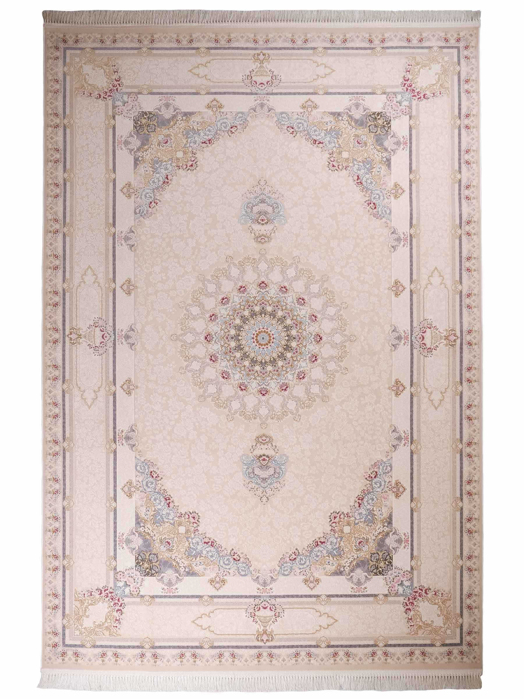 Persischer Maschinenteppich von Khademi aus Acryl, cremeweiß, Ghom-Medaillon-Design, Größe: 300 x 200 cm. Made in Iran. Teppichnummer: KB4-1831. Verkauf durch Jupiter Intl.