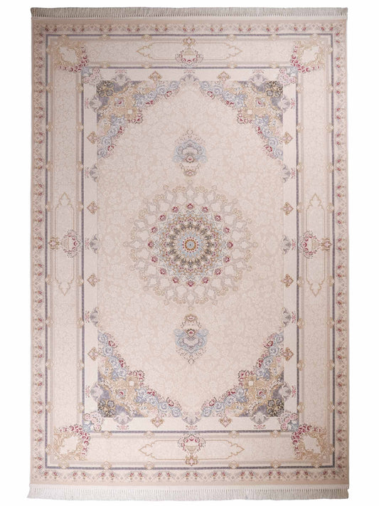 Persischer Maschinenteppich von Khademi aus Acryl, cremeweiß, Ghom-Medaillon-Design, Größe: 300 x 200 cm. Made in Iran. Teppichnummer: KB4-1831. Verkauf durch Jupiter Intl.
