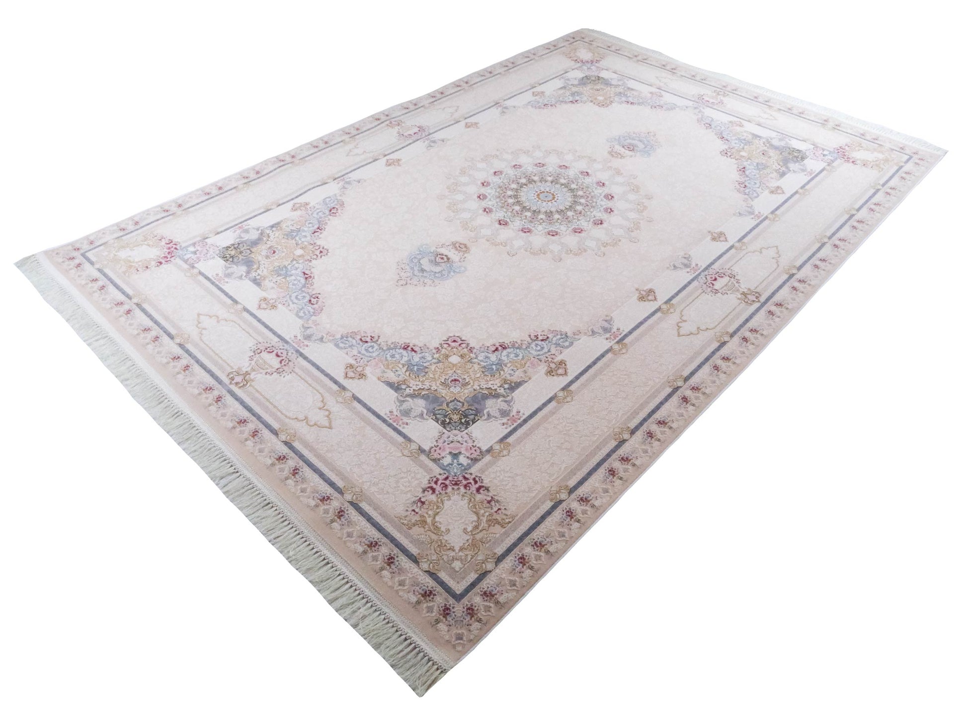 Persischer Maschinenteppich von Khademi aus Acryl, cremeweiß, Ghom-Medaillon-Design, Größe: 300 x 200 cm. Made in Iran. Teppichnummer: KB4-1831. Verkauf durch Jupiter Intl.