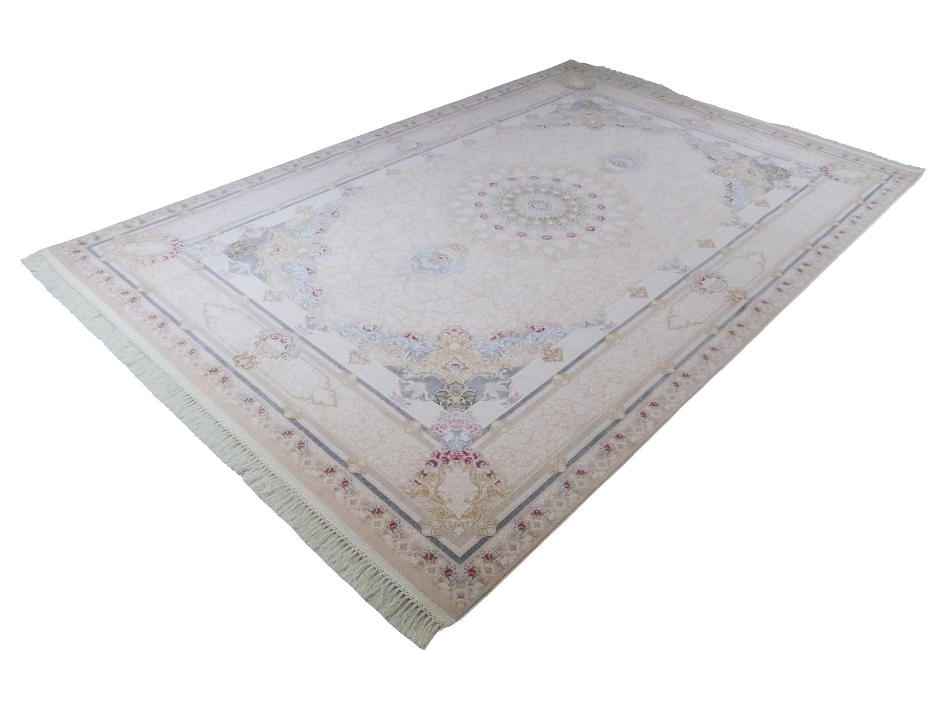 Persischer Maschinenteppich von Khademi aus Acryl, cremeweiß, Ghom-Medaillon-Design, Größe: 300 x 200 cm. Made in Iran. Teppichnummer: KB4-1831. Verkauf durch Jupiter Intl.